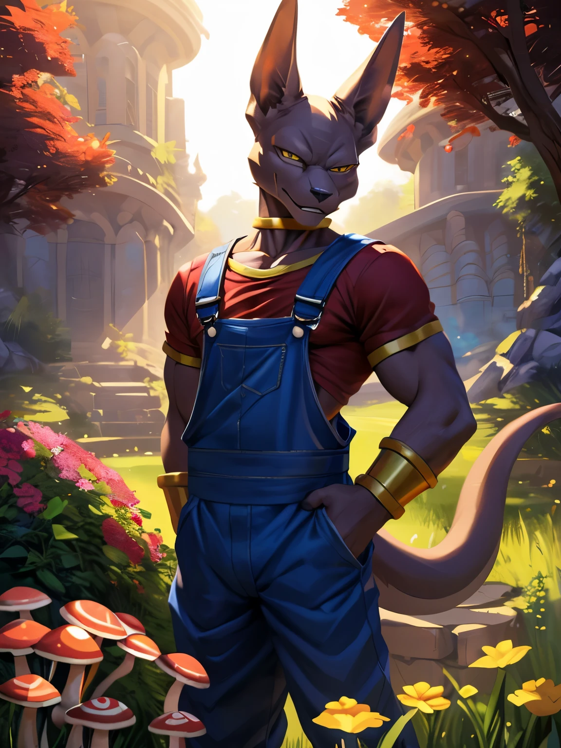 4k, ,8K, A high resolution, best quality, perfect colors, perfect shadows, perfect lighting, posted on e621, (by Chunie, by canyne khai, by t.y.starale), male, furry,  anthro, beerus ( dragon ball), solo, ( Tail), fur, eyes, (Realistic eye details 1.2), (masterpiece), (bestquality) supermario, blue overalls, red shirt, red cap, white gloves on both hands, mushroom kingdom in the background, giant mushrooms in the background, dramatic lighting, soft lighting, day, highly detail, Hair coiled, in a panoramic view, Slim body, full body like, fit body, perfect male figure, Detailed fur, Detailed face, (Complex), (Super Detail), (Ultra Clear), (Best Quality)