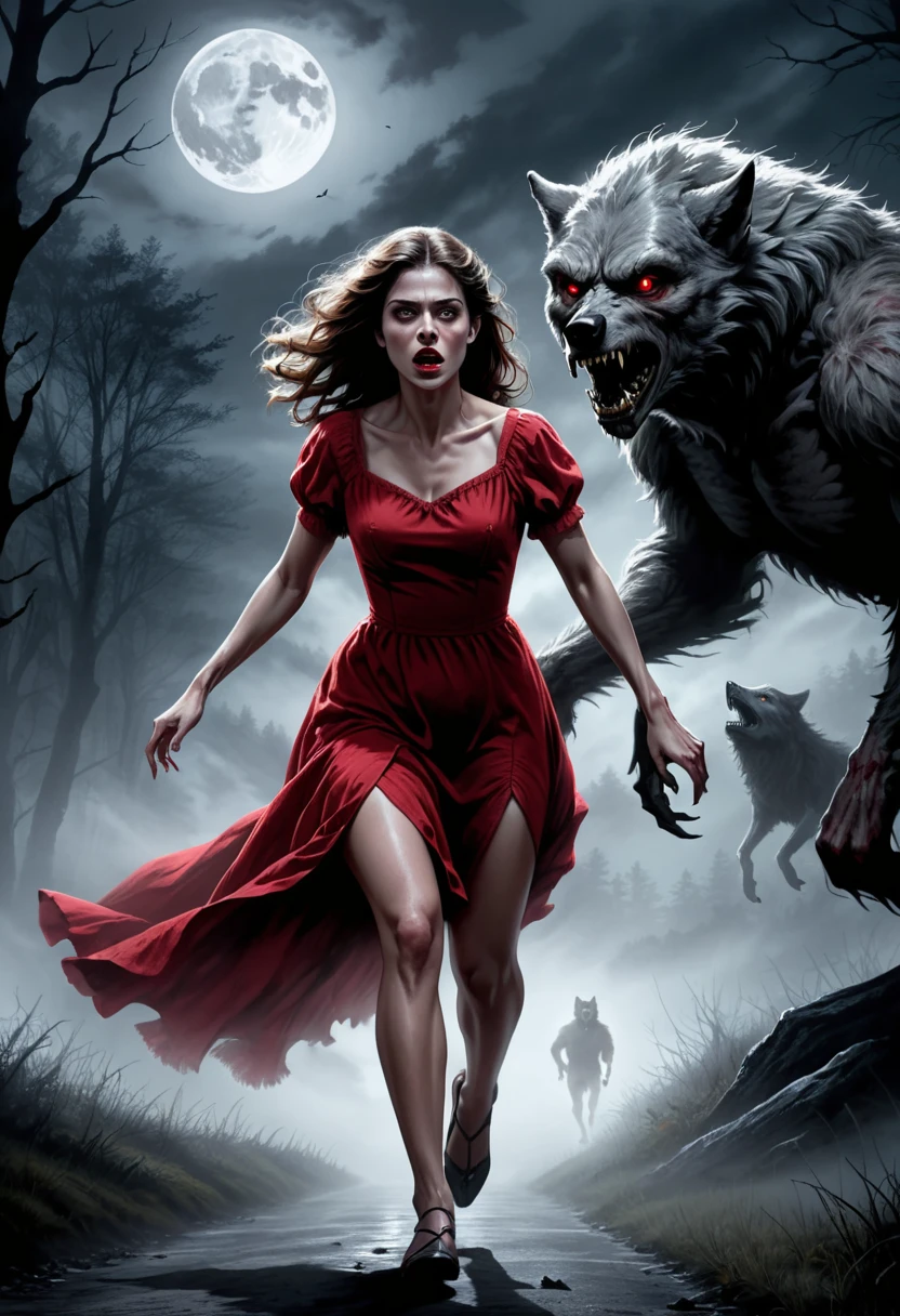digital drawing, horror movie scene of a beautiful woman in a red dress being stalked in the dark by an wolfman, spooky, terrifying, dark ambiance, misty, 8k, high quality, gray wolfman in the background, intensity, woman looking behind her, running, moonlight