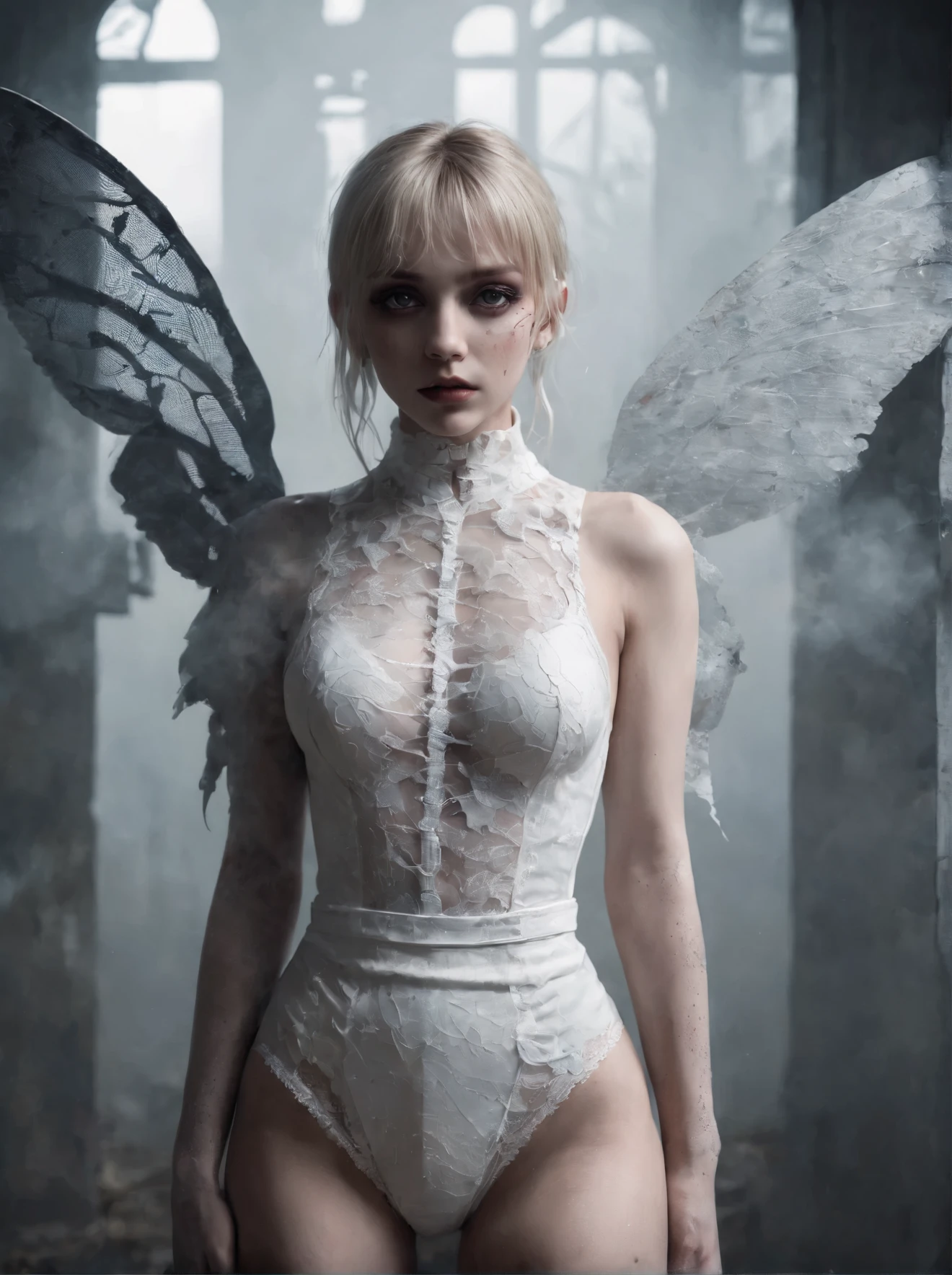(Best Quality,hight resolution,Masterpiece, half body front view:1.2),Ultra-detailed,woman with black crow wings dressed in white lace bodysuit,sickly,standing front camera posing with her legs slightly open in a creepy abandoned place, black wings, detailed wings, intricate high waisted white bodysuit, centered subject,gloomy ecstasy,fetish,dark gloomy atmosphere, creepy insects, gritty texture,Retro-atmosphere,warped reality,melancholic expression on his face,mysterious aura,foggy atmosphere,foggy background,Subtle color palette,provocative pose,Strong emotions,Coming Out of the Depths of Despair,Piercing gaze,intense shadows,Plunged in Darkness,dark industrial aesthetic,ominous vibe,A supernatural sensation,Loss of Place in Time and Space,Eerie silence.asymmetrical bangs, freckles, blonde short hair, Bangs, freckles, gray eyes,