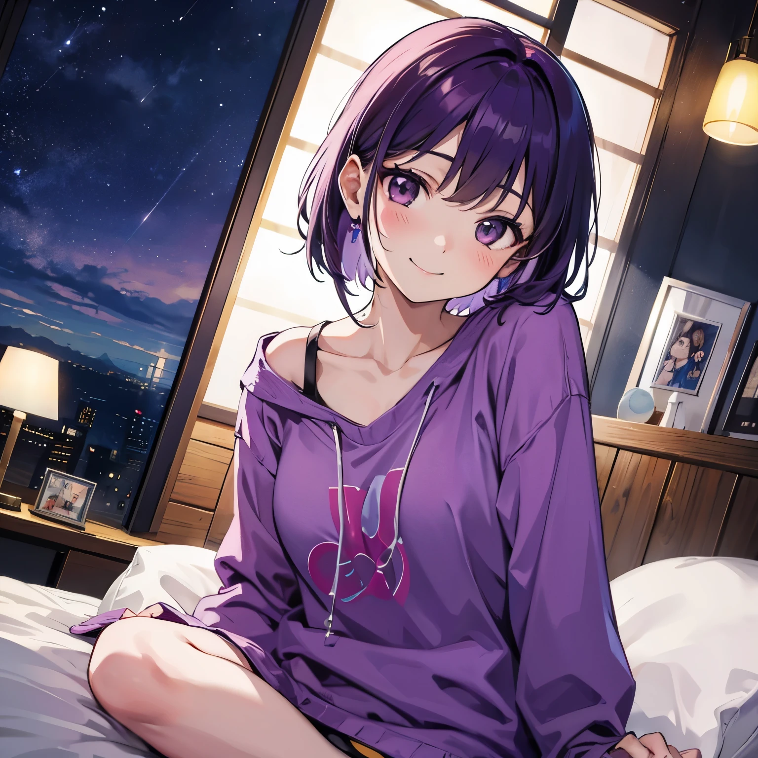 (T Masterpiece,4k wallpaper,best quality))、((girl1people))、(solo)、Shining and vivid,(purple hair)、(shortcut:1.3)、smile、Bedroom、pajamas、night