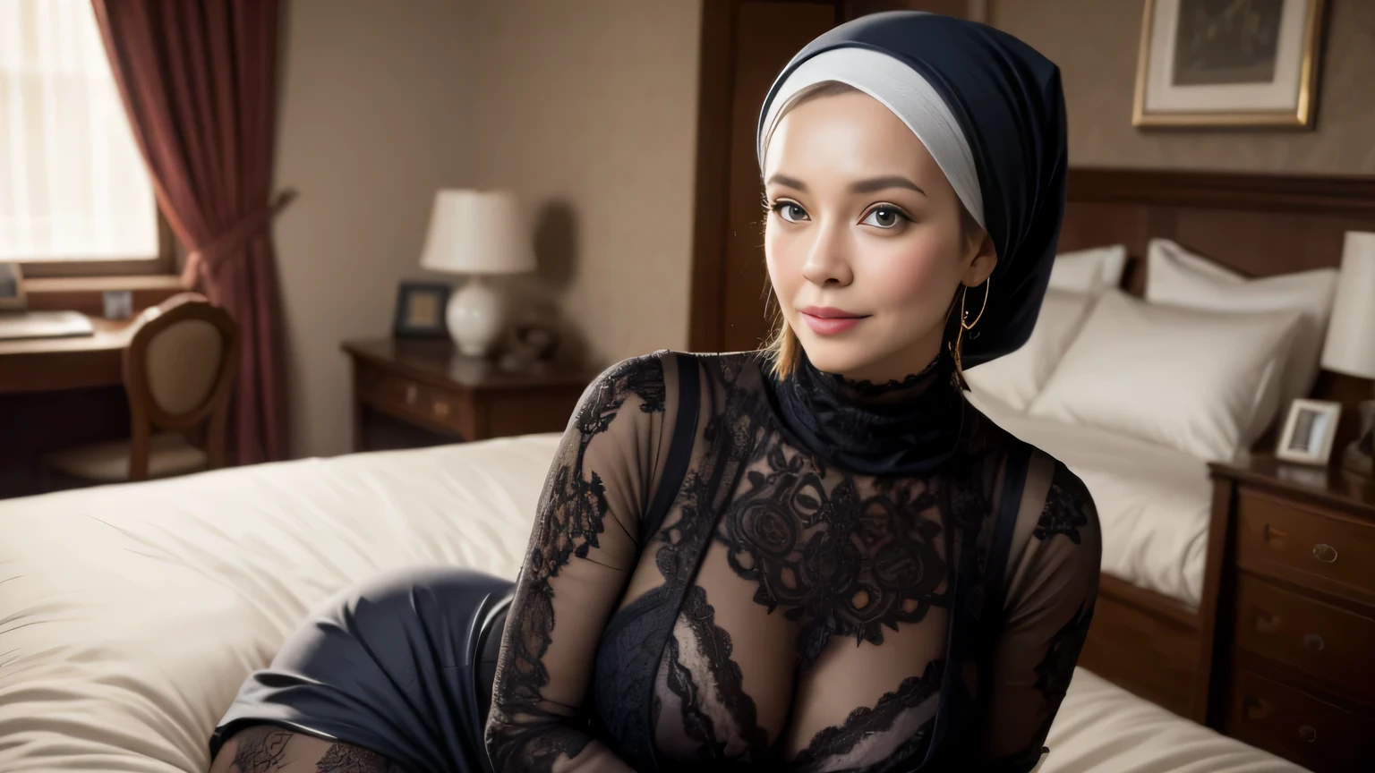 Dee768, wide shot,50 years old lady, smooth wrenkles, smile, headscarf, big breasts all covered, turtleneck, hot dress, by the bed, detailed eyes, photography, trending on artstation, sharpness, studio photography, intricate details, highly detailed, bedroom in background, by Greg Rutkowski
