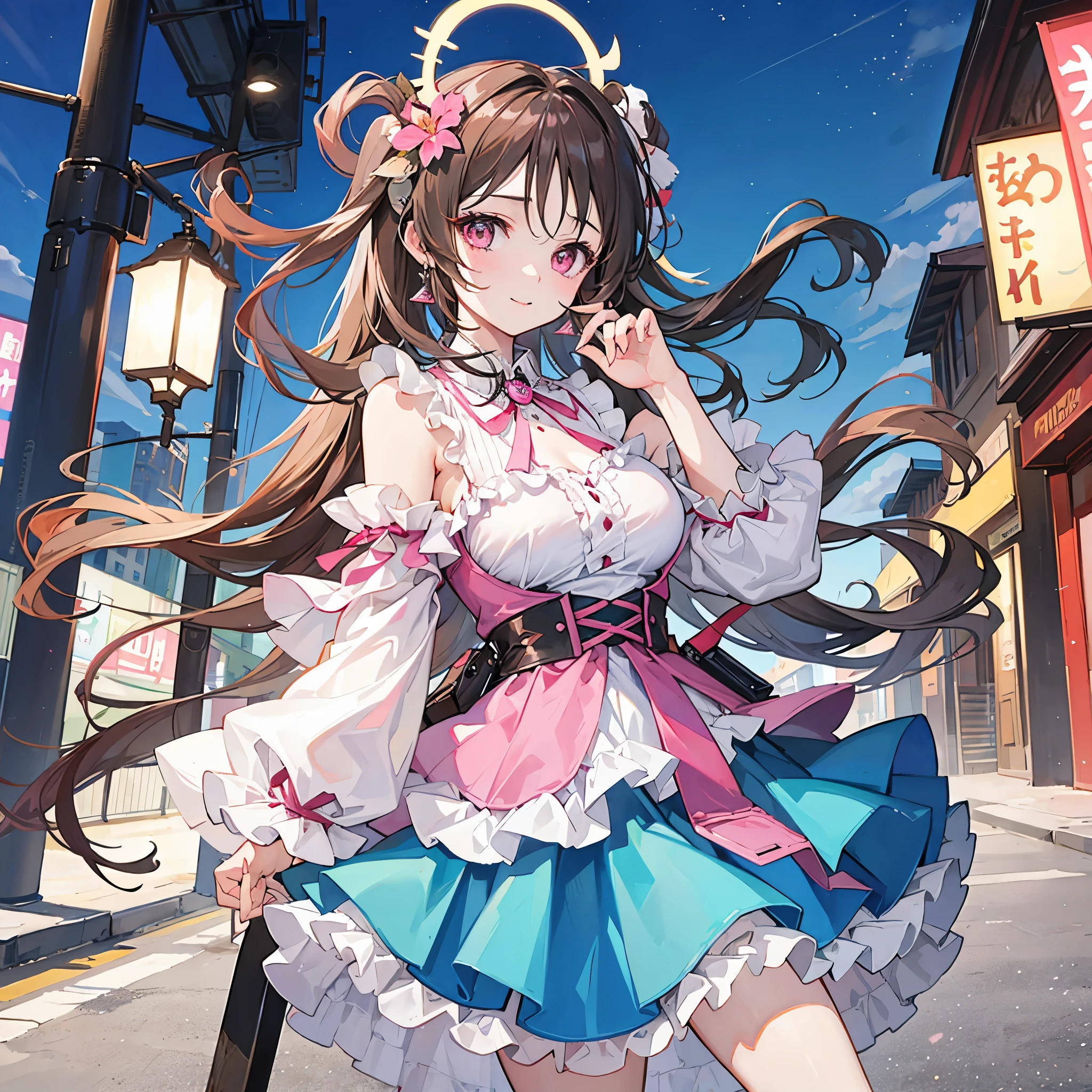 (8K、Highest image quality、highest quality、masterpiece)、detailed face、1 girl、brown hair、hime cut、long hair、pink eyes、smile、earrings、((big breasts))、pink ruffled clothes、purple mini skirt、jirai kei、cowboy shot、Downtown background at night
