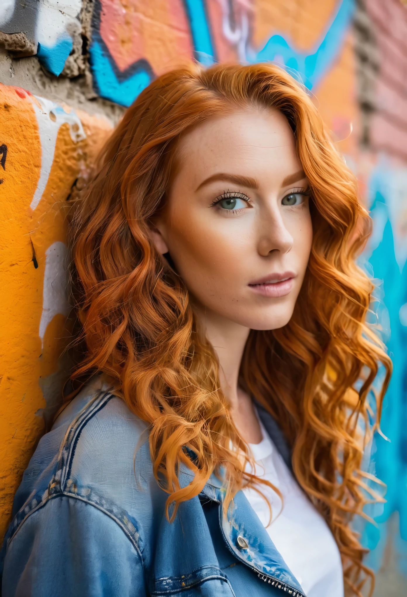 portrait of beautiful woman with long ginger wavy hair standing in front of a wall with graffiti, wearing casual clothes, fall vibes, blushed, looking at the camera, colorful scene, midshot, focus on face, professional photography, ultra sharp focus, tetradic colors,