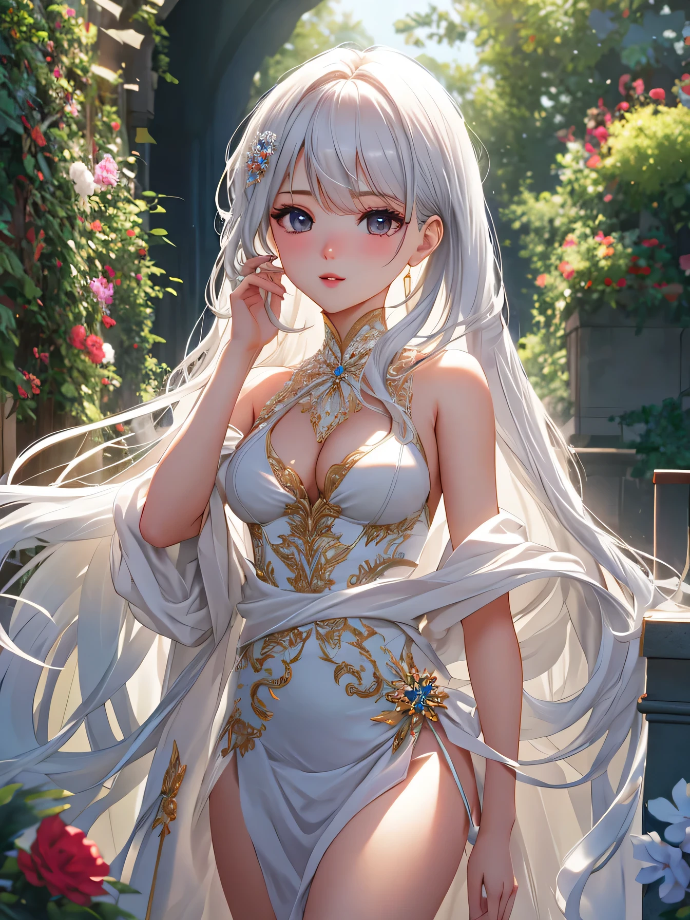 nsfw:1.1, high resolution:1.7, incredibly absurdres, kawaii:1, cute:1.5, hires.fix,anime visual:1,incredibly fine illustration,8k,masterpiece:1.2,best quality, high quality, exquisite, beautiful,insanely detailed, intricate detailed, extremely detailed, Super Definition,ultra high res, Super Resolution, best aesthetic, ultra detailed:1.5,best quality, perfect face, detailed face, masterpiece:1.2, illustration:1.2, 8k cg wallpaper, stunning art,absurdres,octane render,ultra hires,Actress,(Idol),18yo,Beautiful,(Cute and lovely),cute girl,White-haired long-haired royal sister swimsuit，Detailed rendering，extreme picture quality，The light and shadow details are perfectly expressed，Natural light effects，dynamic angle，Brilliant summer sun