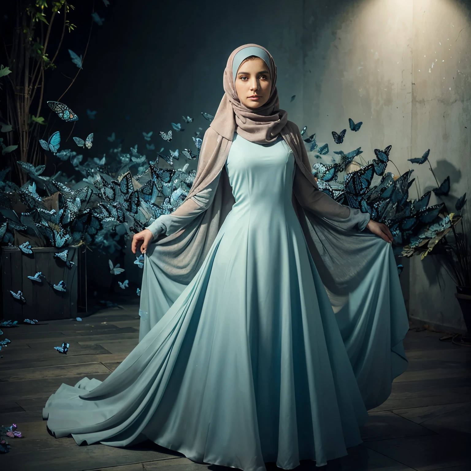 a beautiful woman wearing a flowing dress,wearing hijab, lady and dress dissolving into a flock of butterflies --ar 2:3 --s 750 --style raw