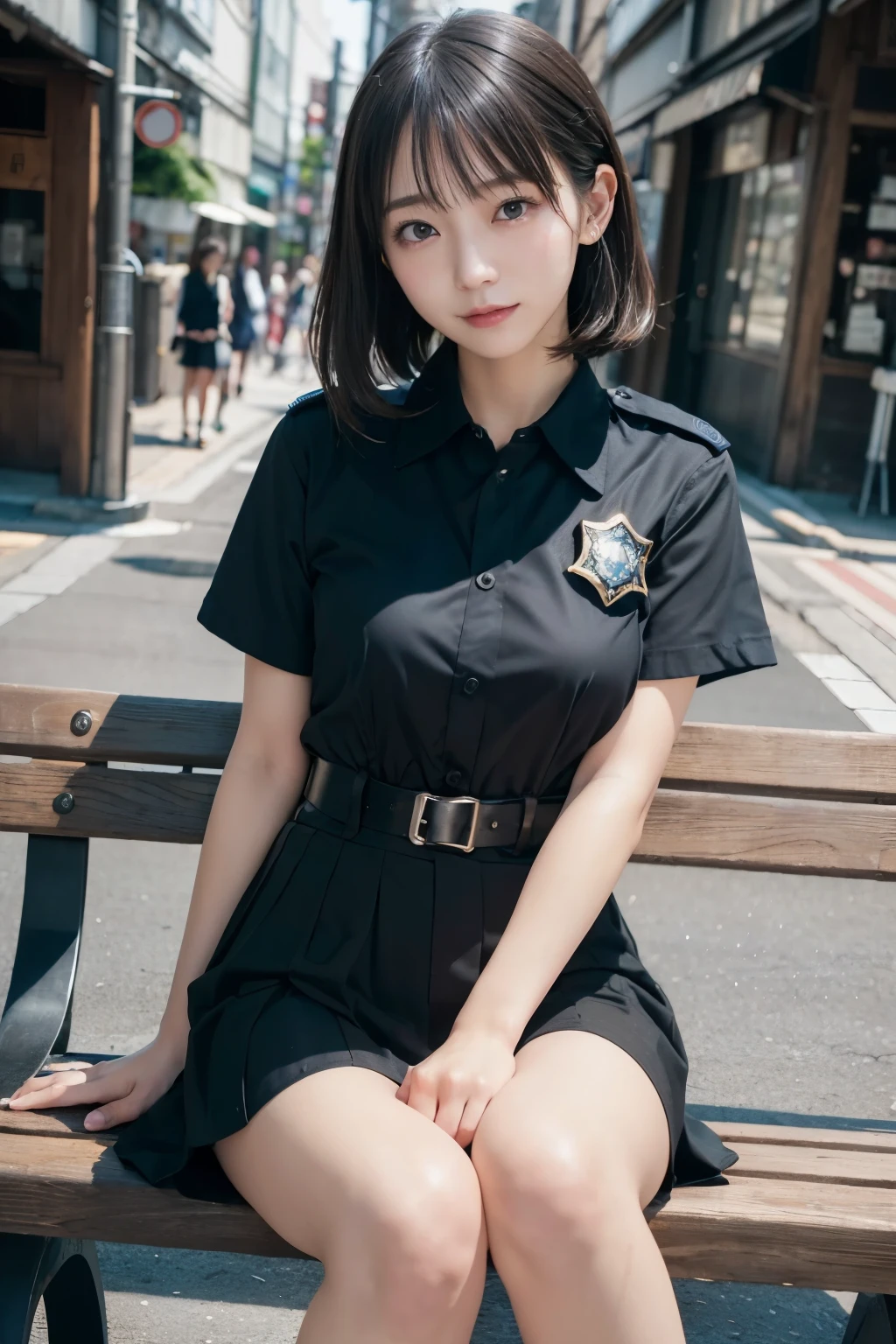 Innocent 20 year old girl、((Japan Police Officer, sexy police uniform, Skirt, Cute and elegant, Dramatic poses)),Smile,night city background,short-cut、Raw photo, (8K、top-quality、​masterpiece:1.2)、(intricate detailes:1.4)、(Photorealsitic:1.4)、octane renderings、Complex 3D rendering ultra detail, Studio Soft Light, Rim Lights, vibrant detail, super detailing, realistic skin textures, Detail Face, Beautiful detail eyes, Very detailed CG Unity 16k wallpaper, make - up, (detailedbackground:1.2), shinny skin, Full body,Hands down、Spread your legs and show your panties,sit on a bench