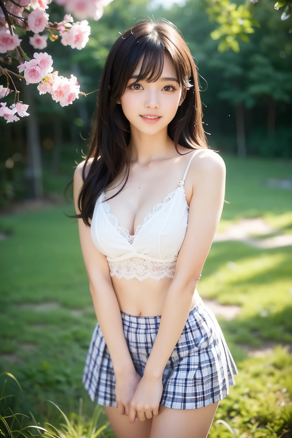 masterpiece、high quality、small breasts、B cup bust、Gingham check mini pleated skirt、panties、realistic aesthetic photography、(HDR:1.4)、intricate details、Elegant and beautiful texture、RAW photo、16K、(Bokeh:1.3)、
25 years old、Japanese、beautiful face、(bright smile:1.1)、Beautiful long straight black hair、(hair blowing in the wind:1.2)、(Beautiful dark brown eyes:1.3)、smooth skin、 juicy lips、High resolution、1 girl、Full body realism 、