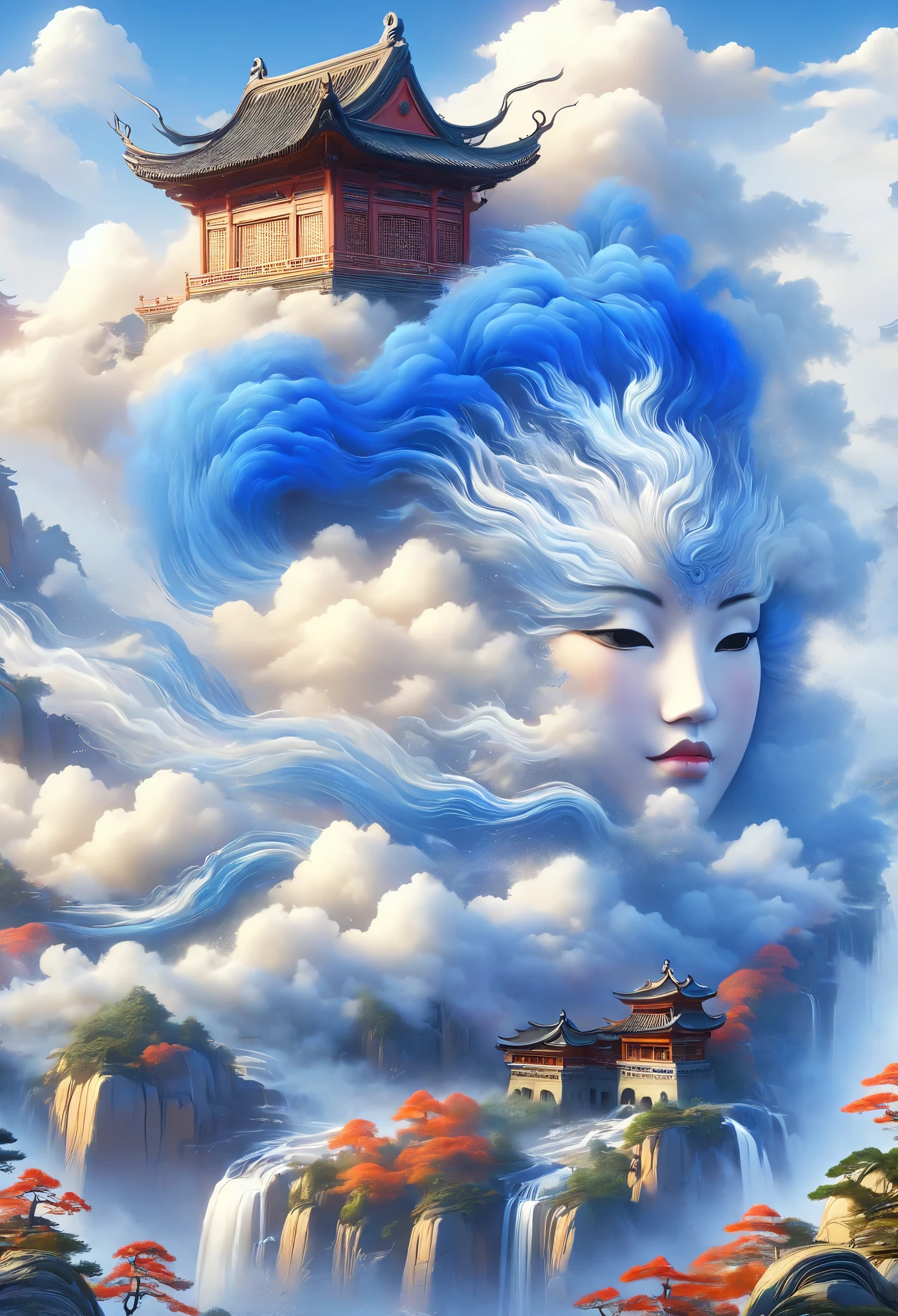 a landscape painting,meticulous painting,Inspired by a thousand miles of rivers and mountains,Fuchun Mountain House Map,Expression techniques of cirrus clouds,flat illustration,traditional Chinese painting,Chinese landscape painting,ancient chinese architecture,cloud,vertical waterfall on cliff,Vigorous pine trees,fall,Takayama,black,mineral pigments,Ultramarine blue,Tracing gold,Clear outline,sketched,Dry drawing method