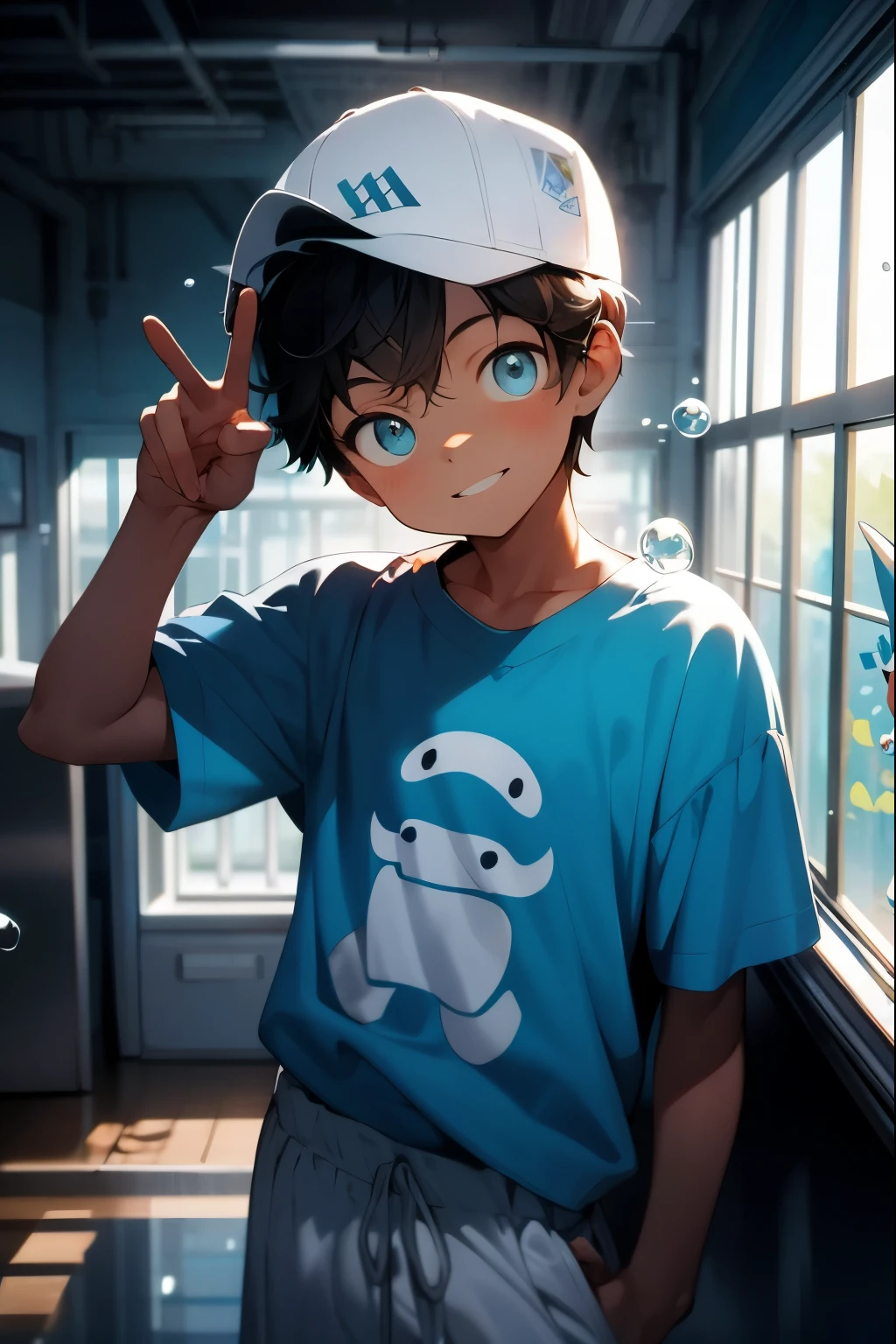 masterpiece, best quality, Eyes are bright, delicate eyes, male, baggy clothes, baseball cap, V sign, (head tilt:1.3), high saturation, rich and colorful, Detailed background, perfect lighting, shadow, aquarium, Windows, dark blue theme, bubble
