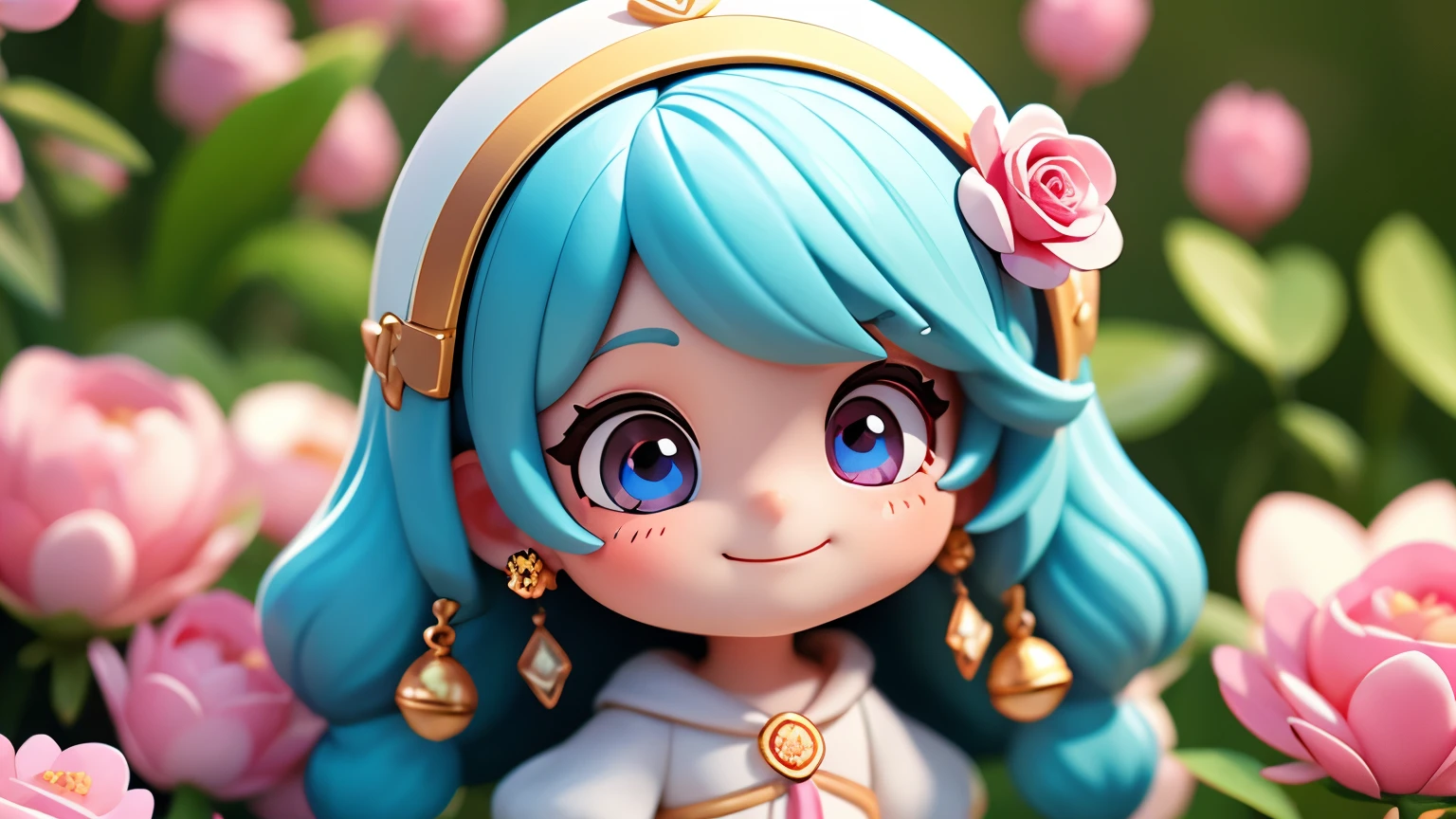 Chibi girl smelling the scent of rose flowers、Jewel-like eyes、Take a super close-up photo of your face、smile