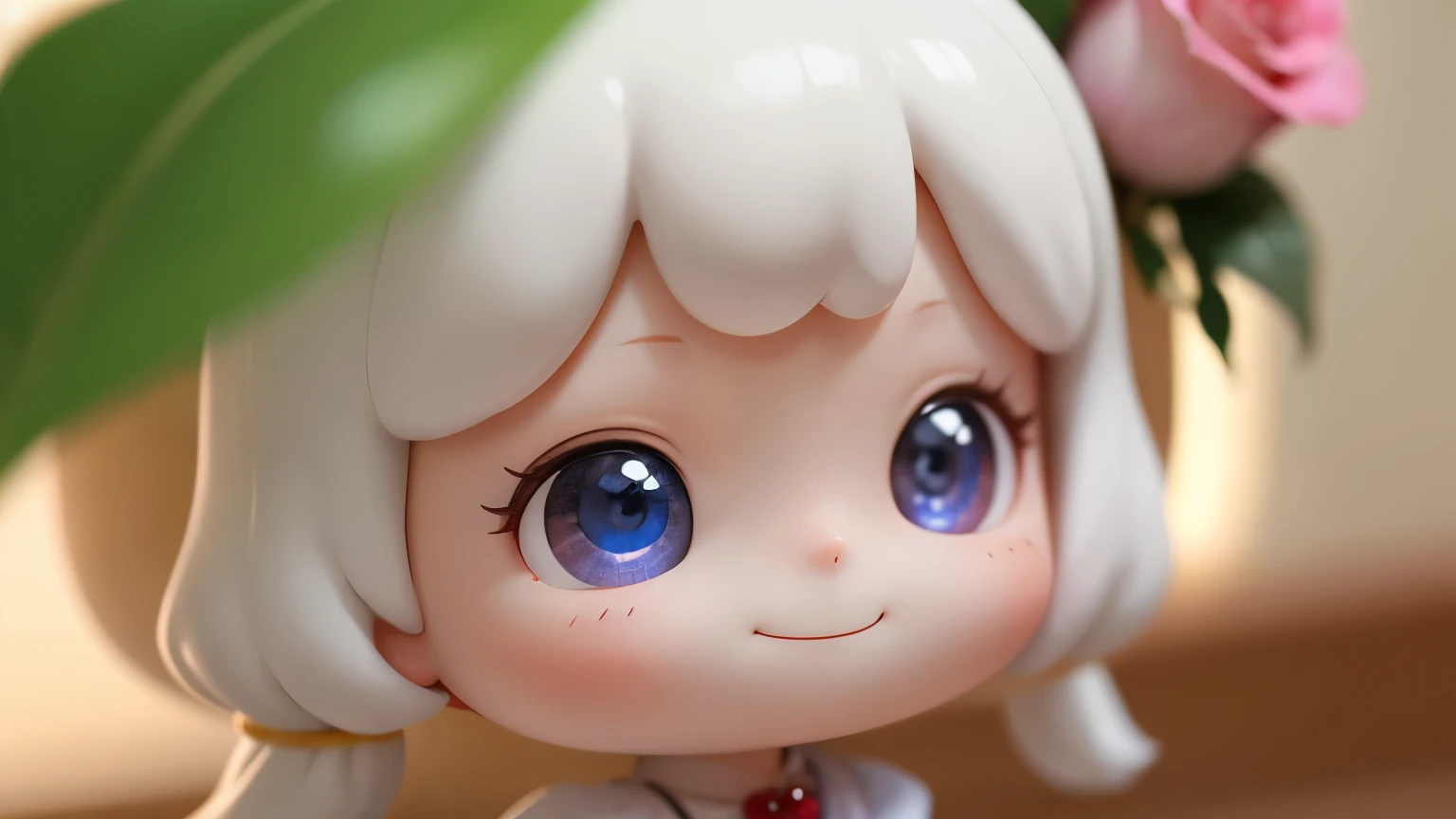 Chibi girl smelling the scent of rose flowers、Jewel-like eyes、Take a super close-up photo of your face、smile