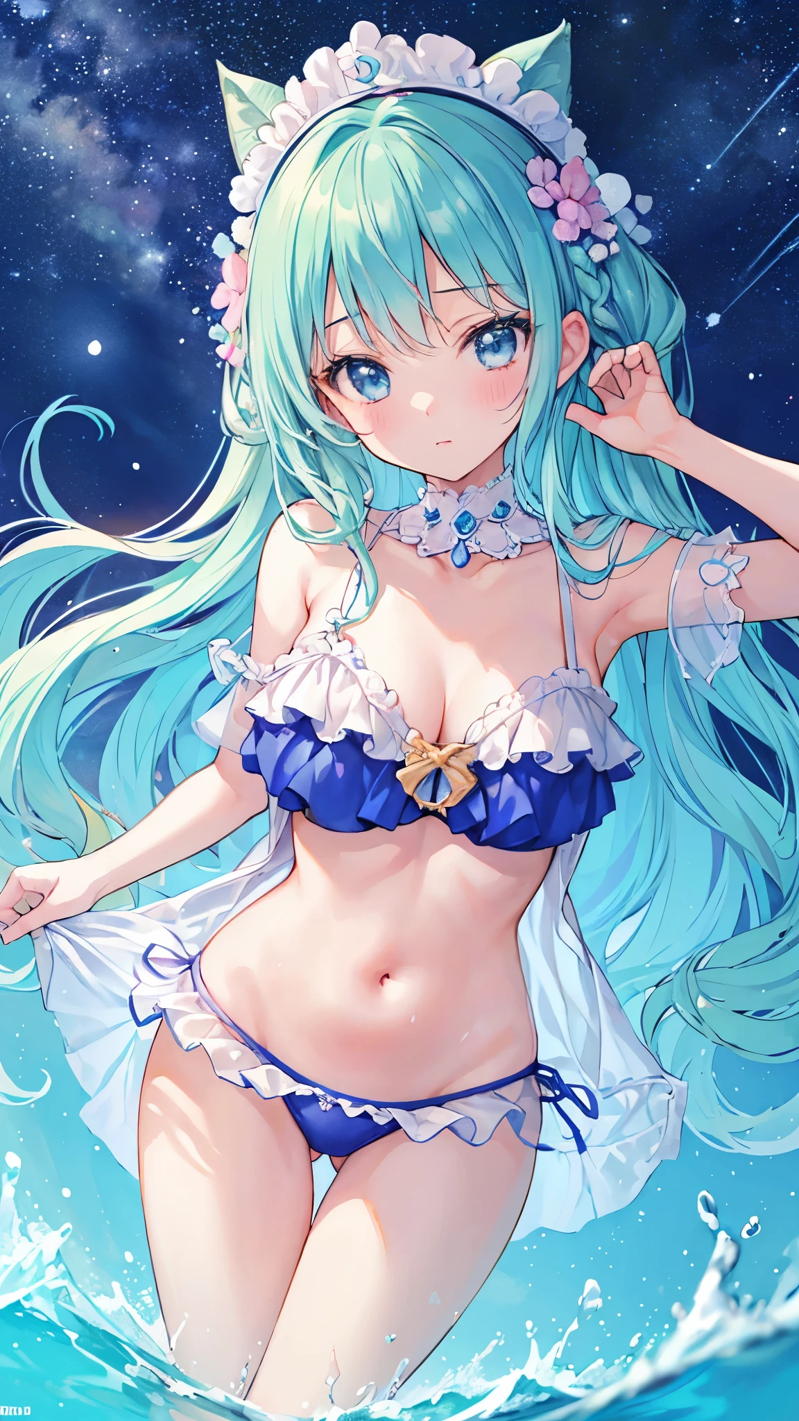 (masterpiece)、(highest quality)、((Super detailed))、(super delicate)、Naughty and cute swimsuit idol、pastel colored hair、beautiful breasts、thighs、nice、fantastic starry sky、beautiful sea、It gets wet and see-through