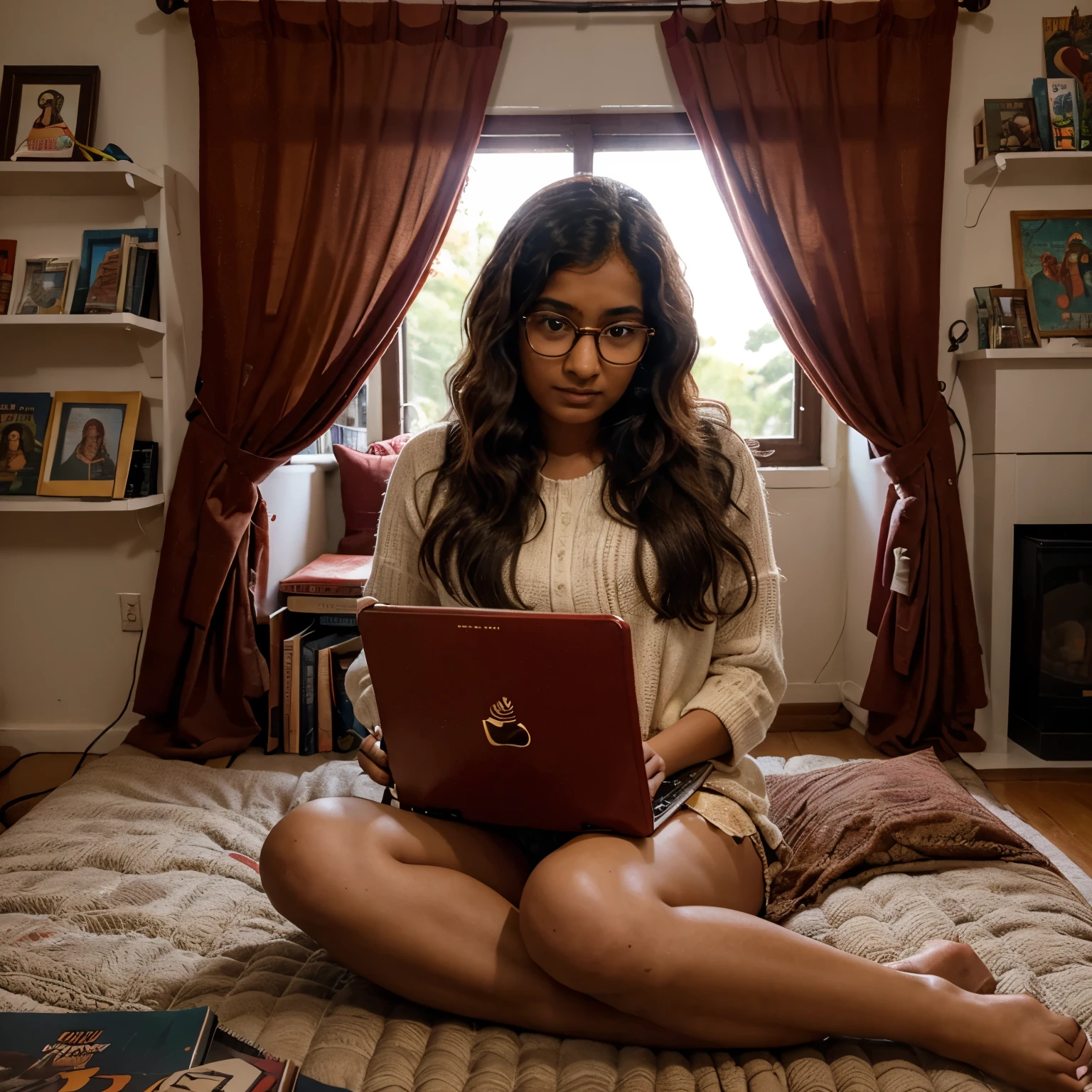 Detail-rich indoor scene featuring a young Indian woman with curly hair and glasses sitting on a mattress , looking at her pug on her lap behind a laptop, amidst a cozy room with red curtains, bookshelf filled with books and stuff toys of brown bear, grey whale and Spiderman 