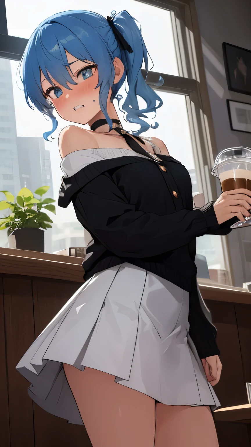 Hoshimachi Suisei,blue eyes,blue hair,choker,hair between eyes,medium hair,side ponytail,スターchoker,small breastasterpiece:1.2), highest quality, High resolution,(detailed and beautiful eyes:1.6),(perfect hands, perfect anatomy),(((masterpiece))),((highest quality)),embarrassed face,blush,teeth clenched,whole body,off shoulder,mini skirt,coffee shop