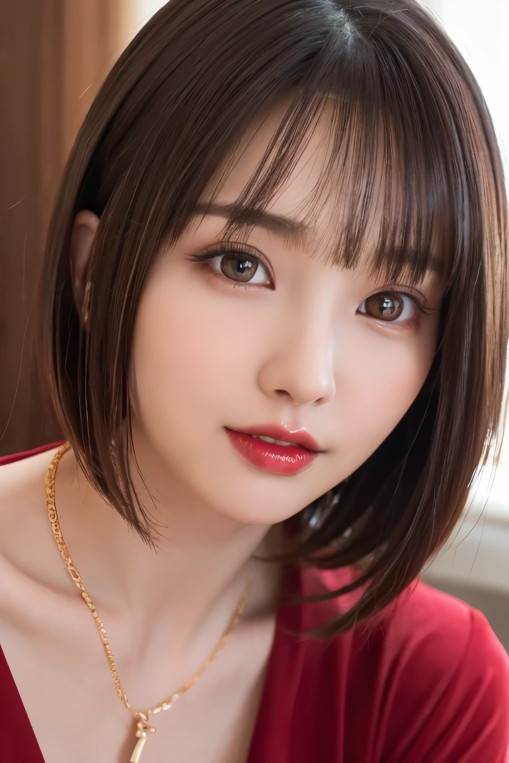 (highest quality、table top、8k、best image quality、Award-winning work)、(one young girl, :1.3)、(Perfect V-neck red long knit sweater:1.2)、(red eyeshadow:1.2)、perfect makeup、long eyelashes、Super high-definition sparkling eyes、ultra high definition hair、ultra high resolution glossy lips、Super high resolution perfect teeth、Super high resolution cute face、brown hair、(very short straight hair:1.1)、look at me and smile、[clavicle]、accurate anatomy、(close up of face:1.5)、Luxury love hotel、(The most moody warm lighting:1.2)、blurred background、With bangs、Super high-resolution glossy and moisturized face、Super high resolution glowing skin、most detailed face、Ultra high resolution detailed faces、ultra high resolution hair、Super high resolution sparkling eyes、Beautiful face drawn in every detail、Super high resolution glossy red lips、big breasts、cleavage、Fashionable necklaces
