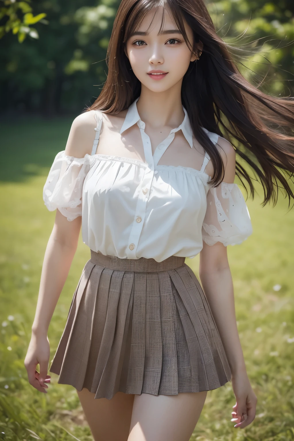 masterpiece、high quality、small breasts、B cup bust、Gingham check mini pleated skirt、panties、realistic aesthetic photography、(HDR:1.4)、intricate details、Elegant and beautiful texture、RAW photo、16K、(Bokeh:1.3)、
25 years old、Japanese、beautiful face、(bright smile:1.1)、Beautiful long straight black hair、(hair blowing in the wind:1.2)、(Beautiful dark brown eyes:1.3)、smooth skin、 juicy lips、High resolution、1 girl、Full body realism 、