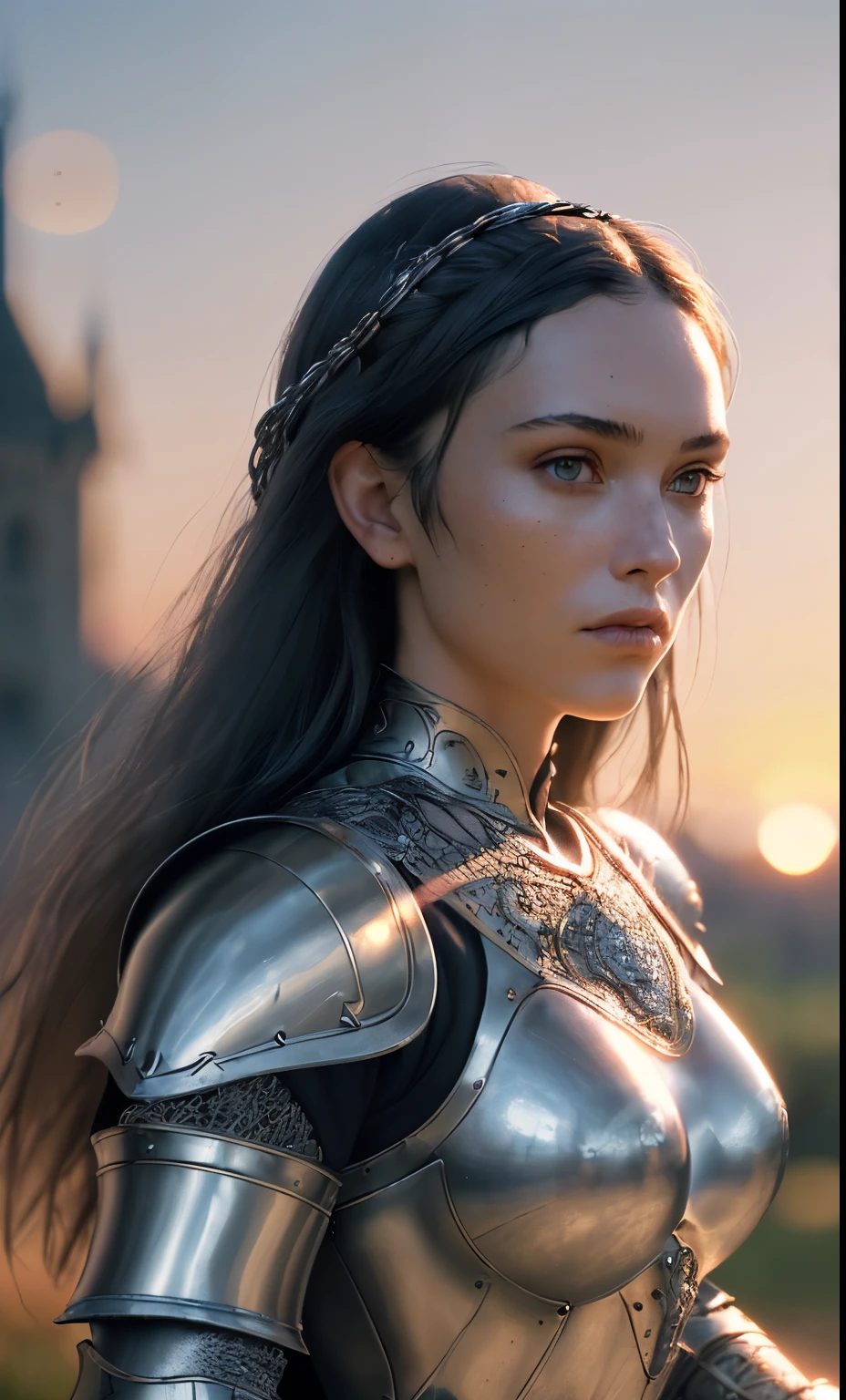(masterpiece), (extremely intricate:1.3), (realistic), portrait of a girl, the most beautiful in the world, (medieval armor), metal reflections, upper body, outdoors, intense sunlight, far away castle, professional photograph of a stunning woman detailed, sharp focus, dramatic, award winning, cinematic lighting, octane render unreal engine, volumetrics dtx, (film grain, blurry background, blurry foreground, bokeh, depth of field, sunset, motion blur:1.3), chainmail