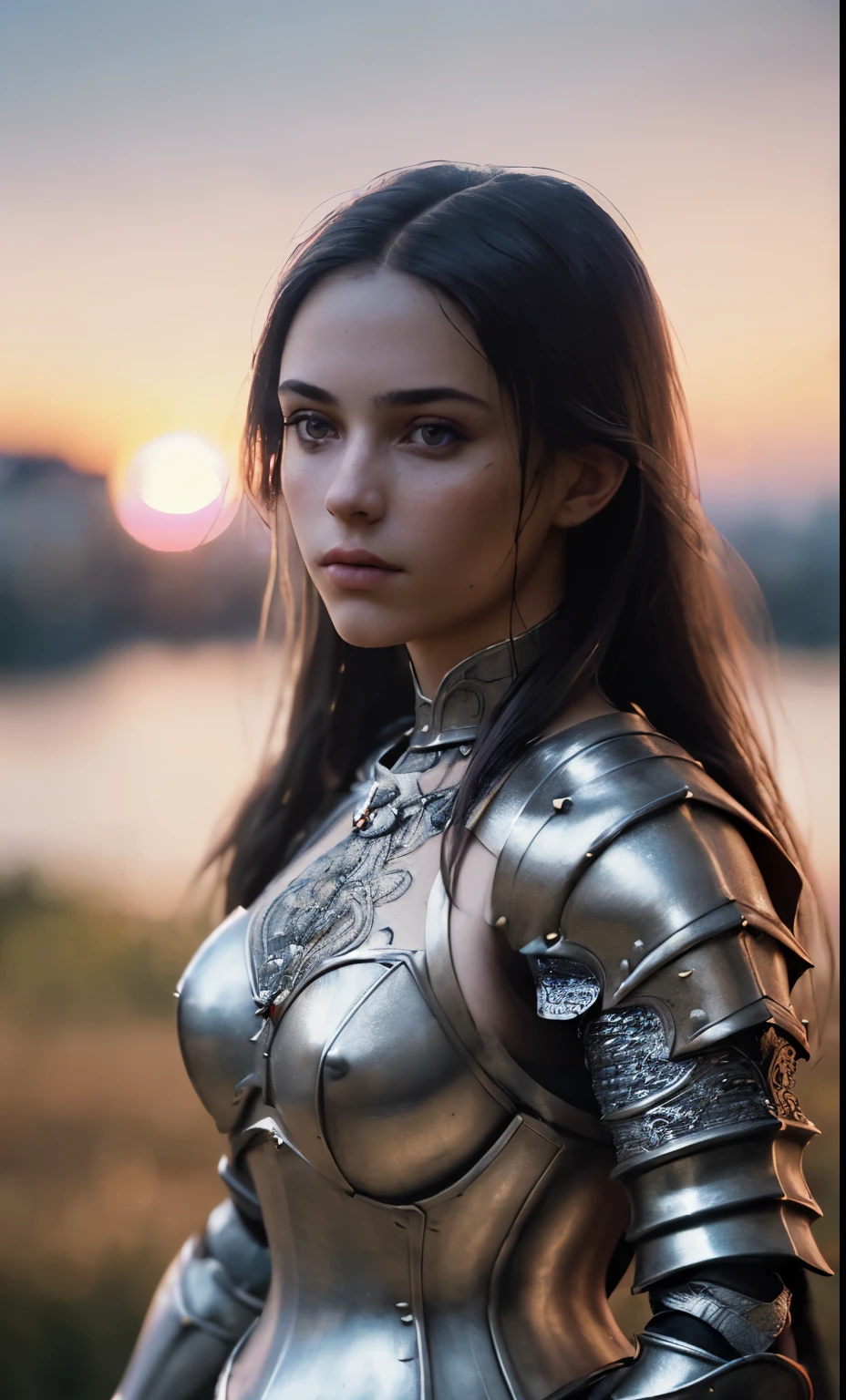 (masterpiece), (extremely intricate:1.3), (realistic), portrait of a girl, the most beautiful in the world, (medieval armor), metal reflections, upper body, outdoors, intense sunlight, far away castle, professional photograph of a stunning woman detailed, sharp focus, dramatic, award winning, cinematic lighting, octane render unreal engine, volumetrics dtx, (film grain, blurry background, blurry foreground, bokeh, depth of field, sunset, motion blur:1.3), chainmail