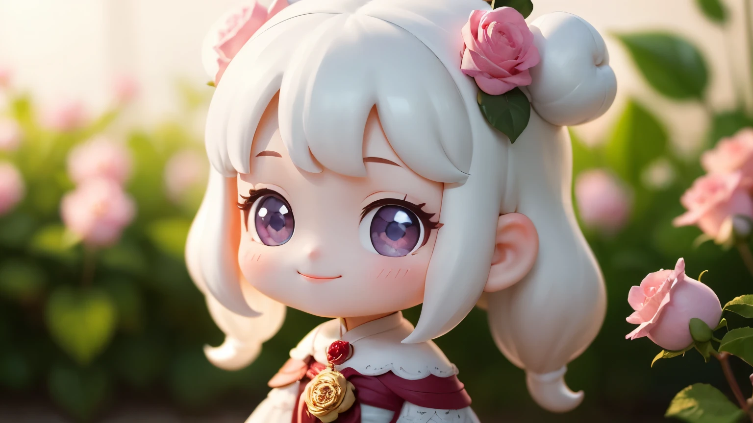 Chibi girl smelling the scent of rose flowers、Jewel-like eyes、Take a super close-up shot of lips from the side、smile