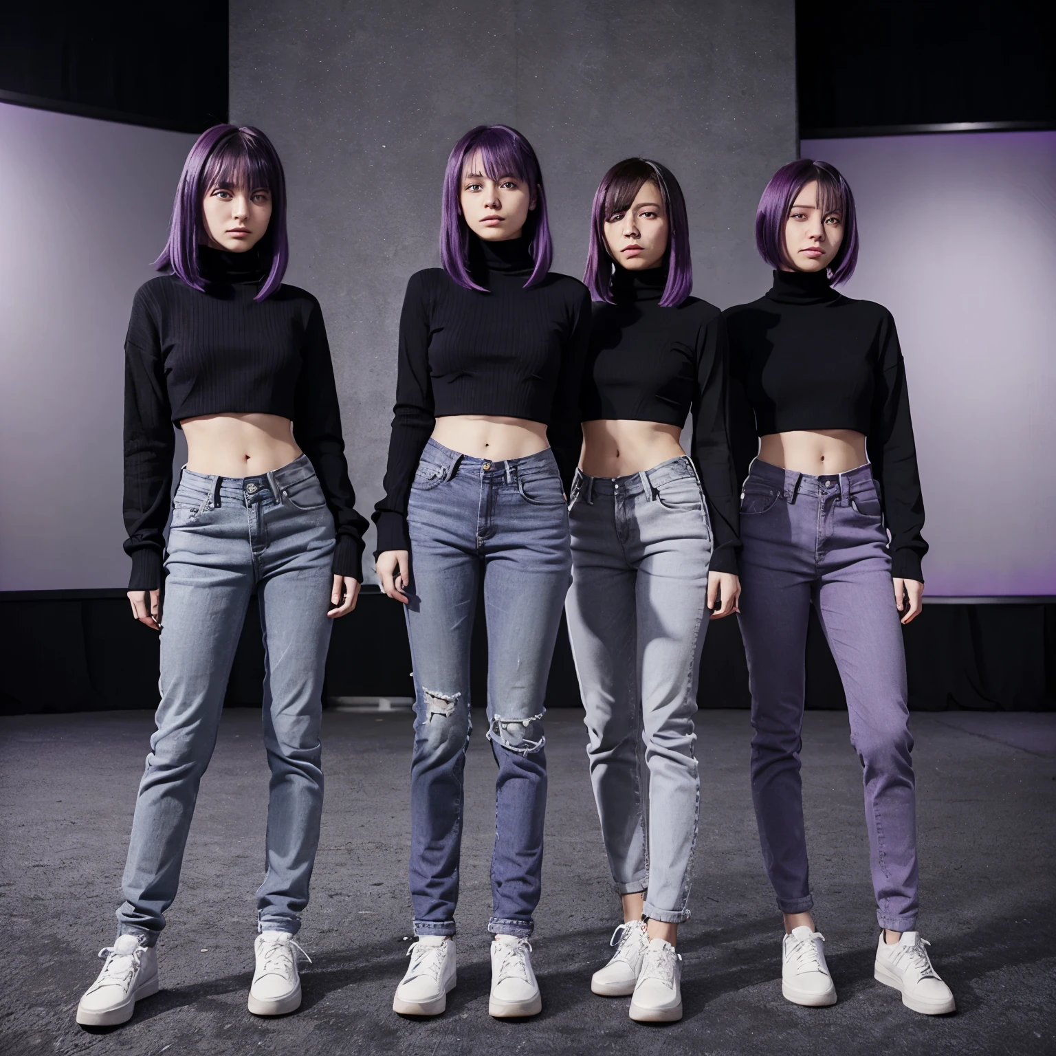 Triplets, purple hair, purple turtle neck, grey jeans, black purplish aura coming from them. Animation style like "Zatch Bell"