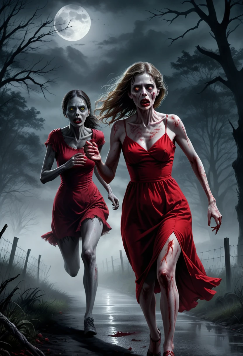 digital drawing, horror movie scene of a beautiful woman in a red dress being stalked in the dark by an zombie, spooky, terrifying, dark ambiance, misty, 8k, high quality, gray zombie in the background, intensity, woman looking behind her, running, moonlight