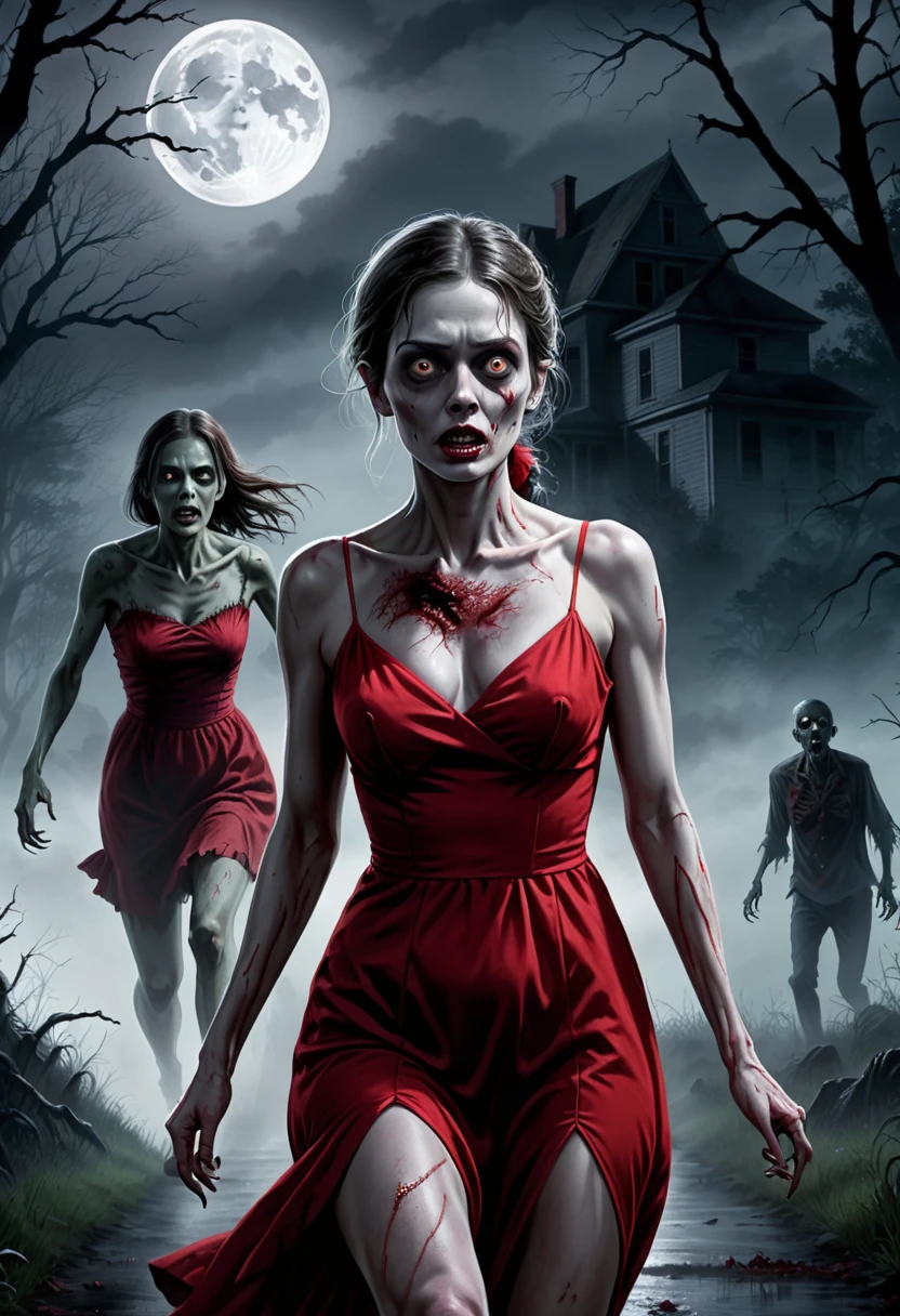 digital drawing, horror movie scene of a beautiful woman in a red dress being stalked in the dark by an zombie, spooky, terrifying, dark ambiance, misty, 8k, high quality, gray zombie in the background, intensity, woman looking behind her, running, moonlight