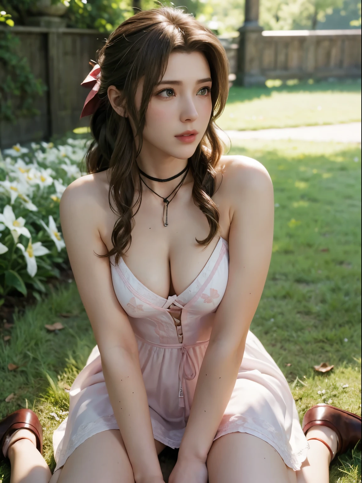 Aerith Gainsborough Final Fantasy VII remake, (masterpiece, best quality:1.4), (future days), (sit on the grass), (full of white flowers), (1girl), solo, (european youth:1), aerith gainsborough, choker, cropped jacket, hair bow, bracelet, pink dress, brown boots, very long hair, hair ribbons, hair flowers, strapless red dress, high heels hyperrealistic, high detailed skin, dslr, soft lighting, high quality, highly detailed face, highly detailed skin, skin pores, subsurface scattering, realistic pupils, medium breast, full face blush, full lips, detailed background, depth of field, volumetric lighting, sharp focus, absurdres, realistic proportions, good anatomy, (realistic, hyperrealistic:1.4), 16k hdr, show nipples, medium breasts, show vagina, wide open legs:1.6.