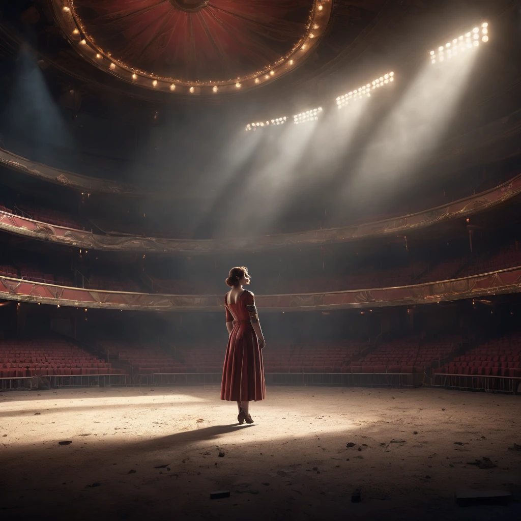 High Resolution, High Quality, Masterpiece. An empty circus viewed from the last row under a singular beam of spotlight, side and above, in a dusty, smoky atmosphere with a lone women clowness standing in the arena encapsulating loneliness and sadness, concept art in 32k resolution, photorealistic with a blend of dramatic studio and soft, natural, volumetric, cinematic lighting, enhanced by detailed acrylic techniques, intricate complexity, ultra HD, vivid colors, Unreal Engine creation., photorealistic concept art, soft natural volumetric cinematic perfect light, 32k ultra-resolution, soft natural light evoking cinematic
