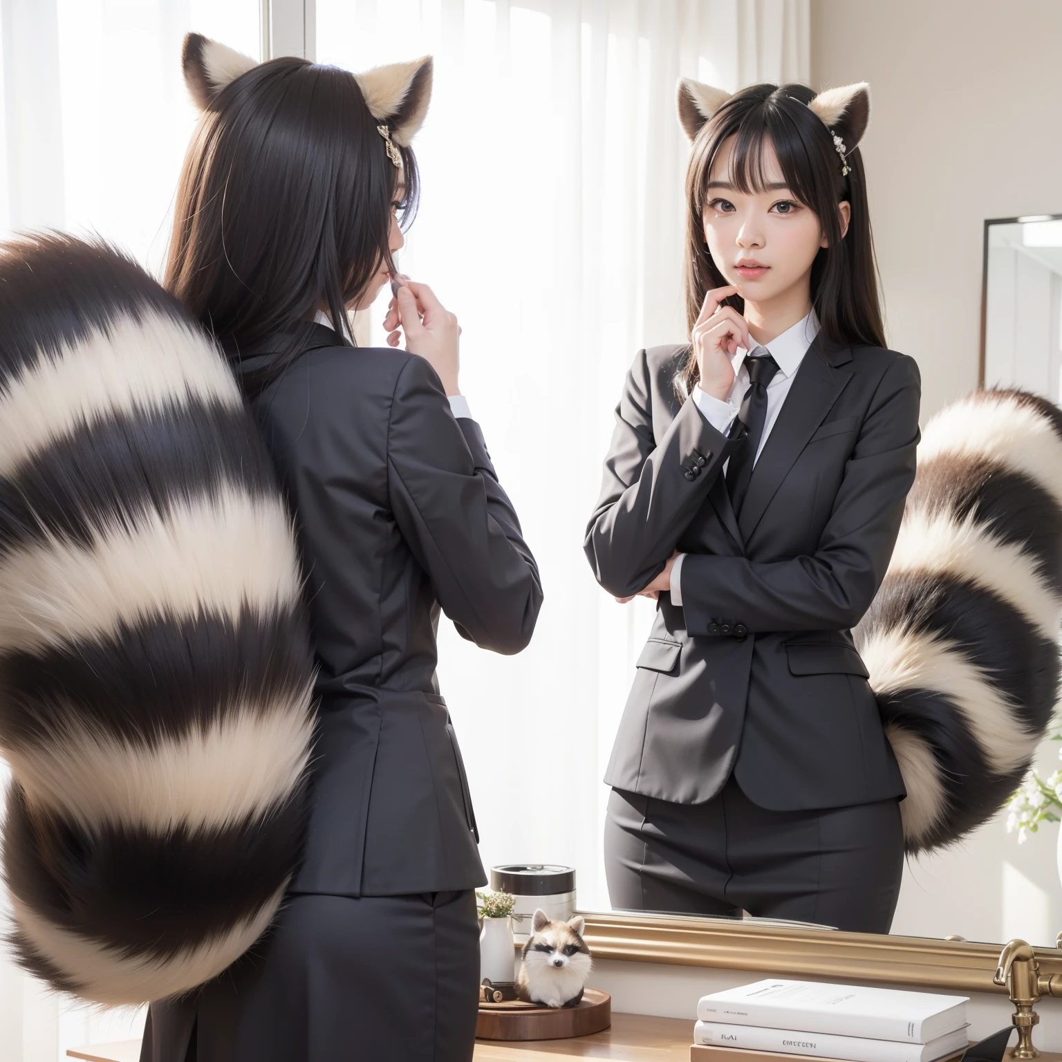 There&#39;s a woman wearing a suit、The raccoon&#39;s tail is staring at itself in the mirror.,  Tanuki tail, software version, Realistic style on pixiv, pov furry art, (software) safe for work, With mirror, software, Super realistic, realistic reflection, photograph, highest quality, bushy tail, skirt