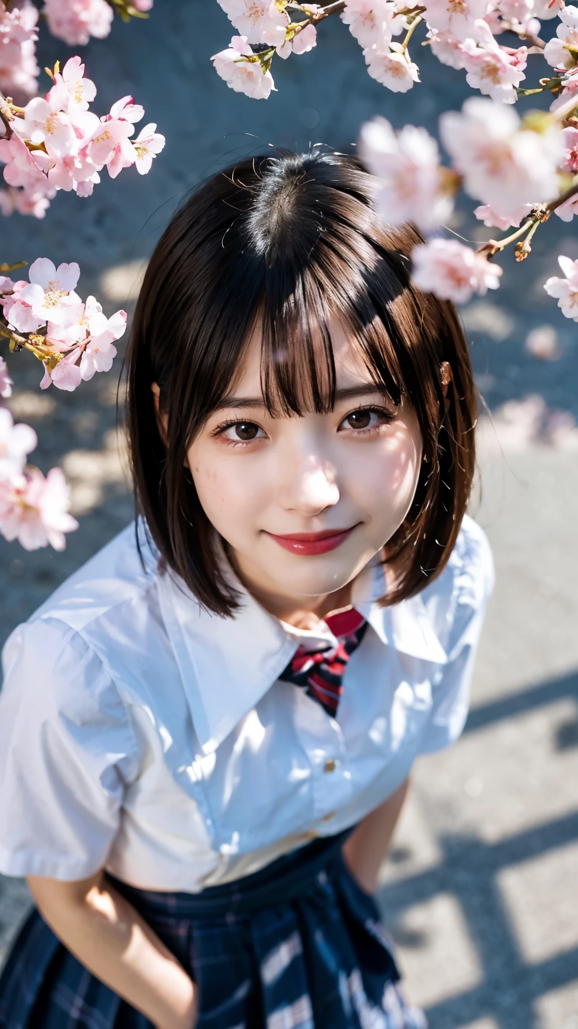 (highest quality,masterpiece:1.3,ultra high resolution),(Super detailed,caustics,8k),(photorealistic:1.4,RAW shooting),1 girl,(smile),(cherry blossomsを見上げる),18-year-old,cute,Japanese,black hair short cut,(school uniform),glamorous,(big ),(face focus),street,cherry blossoms,Natural light,(Lens flare),professional writing,(cowboy shot),(bird's eye view:1.2),(high position:1.4),(high angle:1.4)