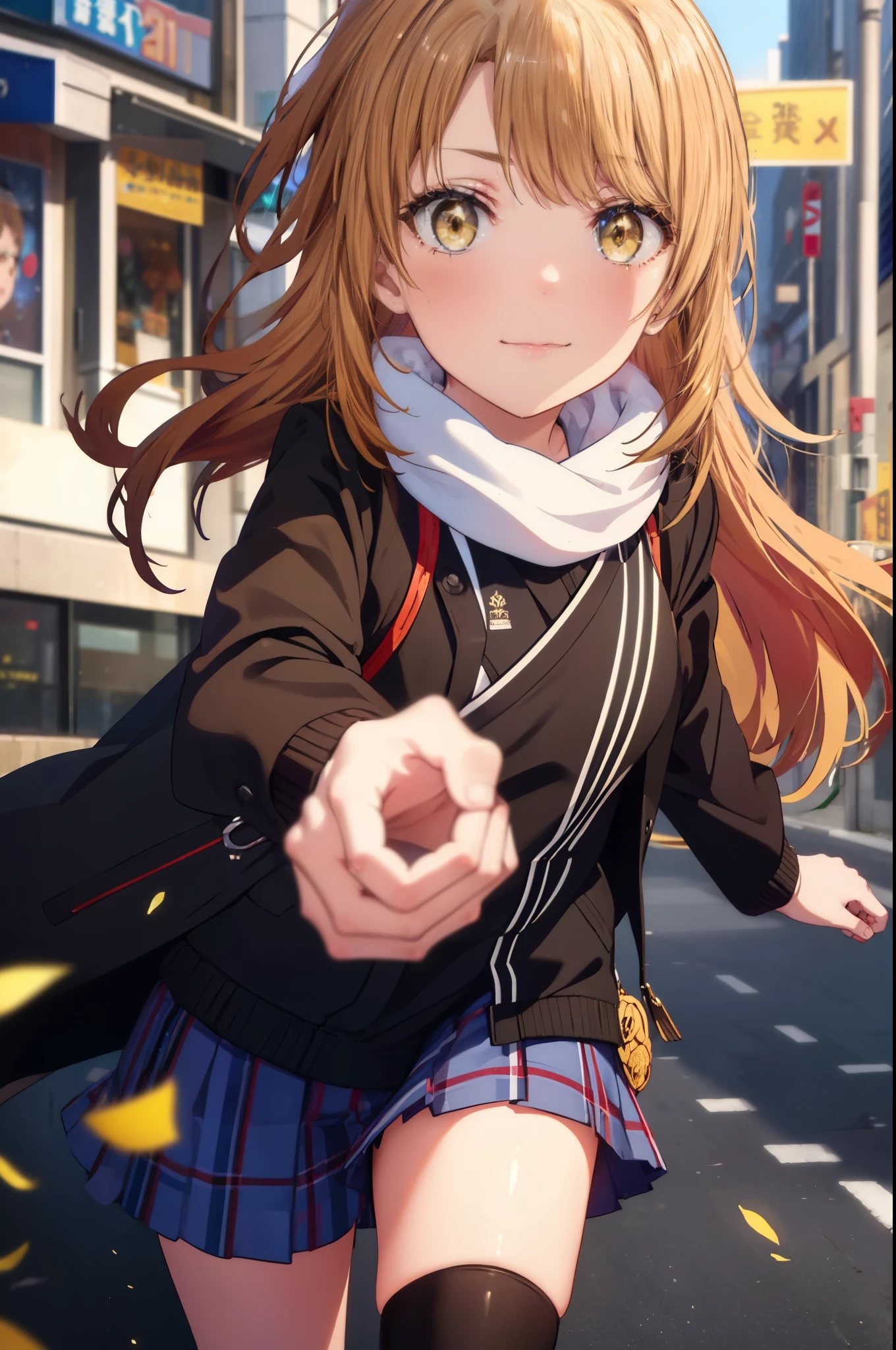 irohaisshiki, Isshiki Iroha, long hair, brown hair, (brown eyes:1.5), smile,blush,yellow long coat,sweater,red muffler,black long skirt,black tights,short boots,winter,that'It's snowing,
break outdoors, city,building street,
break looking at viewer,
break (masterpiece:1.2), highest quality, High resolution, unity 8k wallpaper, (shape:0.8), (beautiful and detailed eyes:1.6), highly detailed face, perfect lighting, Very detailed CG, (perfect hands, perfect anatomy),