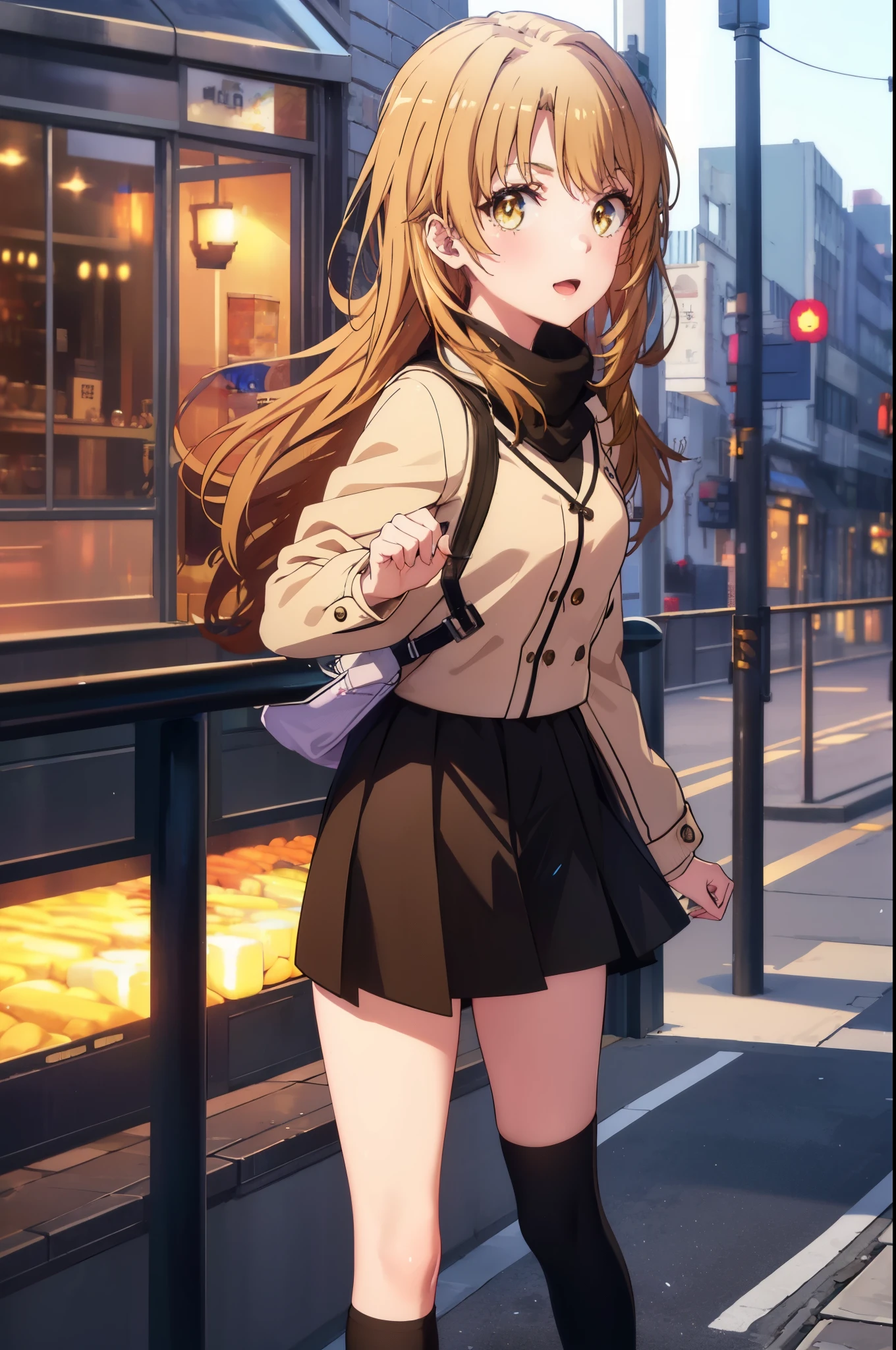 irohaisshiki, Isshiki Iroha, long hair, brown hair, (brown eyes:1.5), smile,blush,yellow long coat,sweater,red muffler,black long skirt,black tights,short boots,winter,that&#39;It&#39;s snowing,
break outdoors, city,building street,
break looking at viewer,
break (masterpiece:1.2), highest quality, High resolution, unity 8k wallpaper, (shape:0.8), (beautiful and detailed eyes:1.6), highly detailed face, perfect lighting, Very detailed CG, (perfect hands, perfect anatomy),