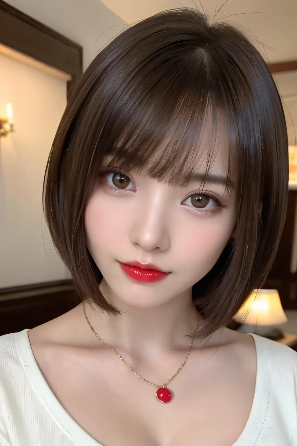 (highest quality、table top、8k、best image quality、Award-winning work)、(one young girl, 14 years old:1.3)、(Perfect V-neck red long knit sweater:1.2)、(red eyeshadow:1.2)、perfect makeup、long eyelashes、Super high-definition sparkling eyes、ultra high definition hair、ultra high resolution glossy lips、Super high resolution perfect teeth、Super high resolution cute face、brown hair、(very short straight hair:1.1)、look at me and smile、[clavicle]、accurate anatomy、(close up of face:1.5)、Luxury love hotel、(The most moody warm lighting:1.2)、blurred background、With bangs、Super high-resolution glossy and moisturized face、Super high resolution glowing skin、most detailed face、Ultra high resolution detailed faces、ultra high resolution hair、Super high resolution sparkling eyes、Beautiful face drawn in every detail、Super high resolution glossy red lips、big breasts、cleavage、Fashionable necklaces