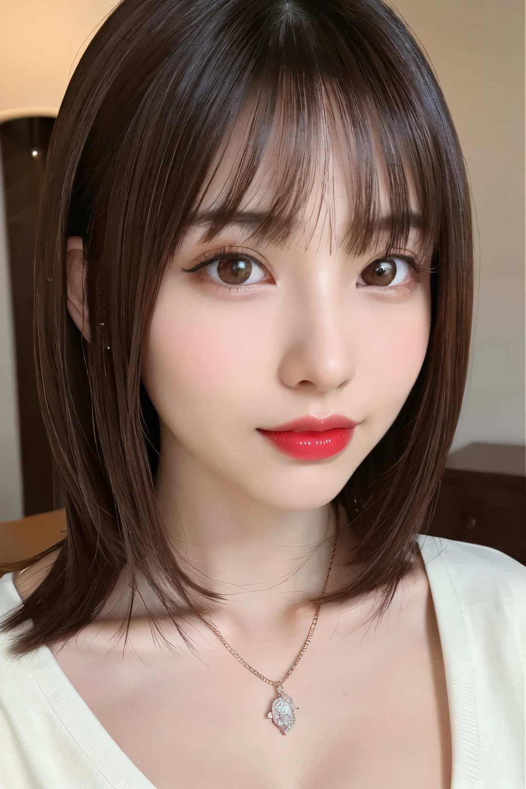 (highest quality、table top、8k、best image quality、Award-winning work)、(one young girl, :1.3)、(Perfect V-neck red long knit sweater:1.2)、(red eyeshadow:1.2)、perfect makeup、long eyelashes、Super high-definition sparkling eyes、ultra high definition hair、ultra high resolution glossy lips、Super high resolution perfect teeth、Super high resolution cute face、brown hair、(very short straight hair:1.1)、look at me and smile、[clavicle]、accurate anatomy、(close up of face:1.5)、Luxury love hotel、(The most moody warm lighting:1.2)、blurred background、With bangs、Super high-resolution glossy and moisturized face、Super high resolution glowing skin、most detailed face、Ultra high resolution detailed faces、ultra high resolution hair、Super high resolution sparkling eyes、Beautiful face drawn in every detail、Super high resolution glossy red lips、big breasts、cleavage、Fashionable necklaces