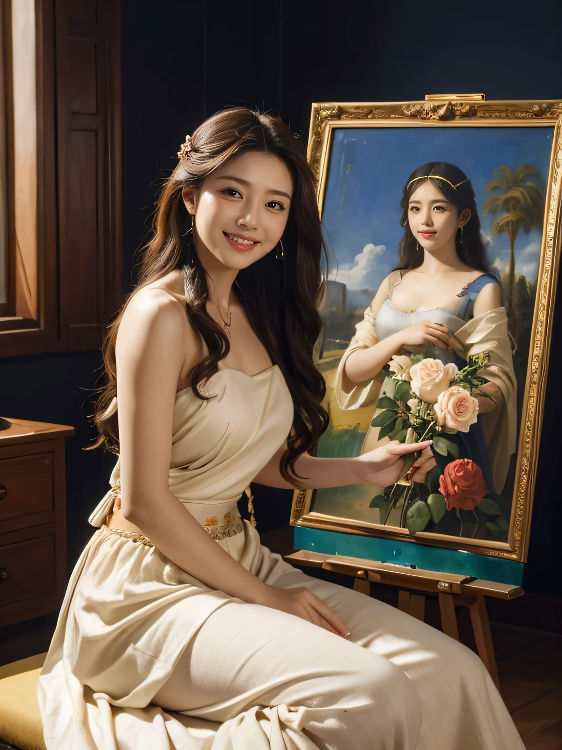 Giorgione painting style,Arguments of two female P、roses in vase、fruits、Cute trinkets、smile、ancient greek costume、Clothes that stretch your shoulders、A big smile、beautiful bare skin,Female painter painting oil in her studio