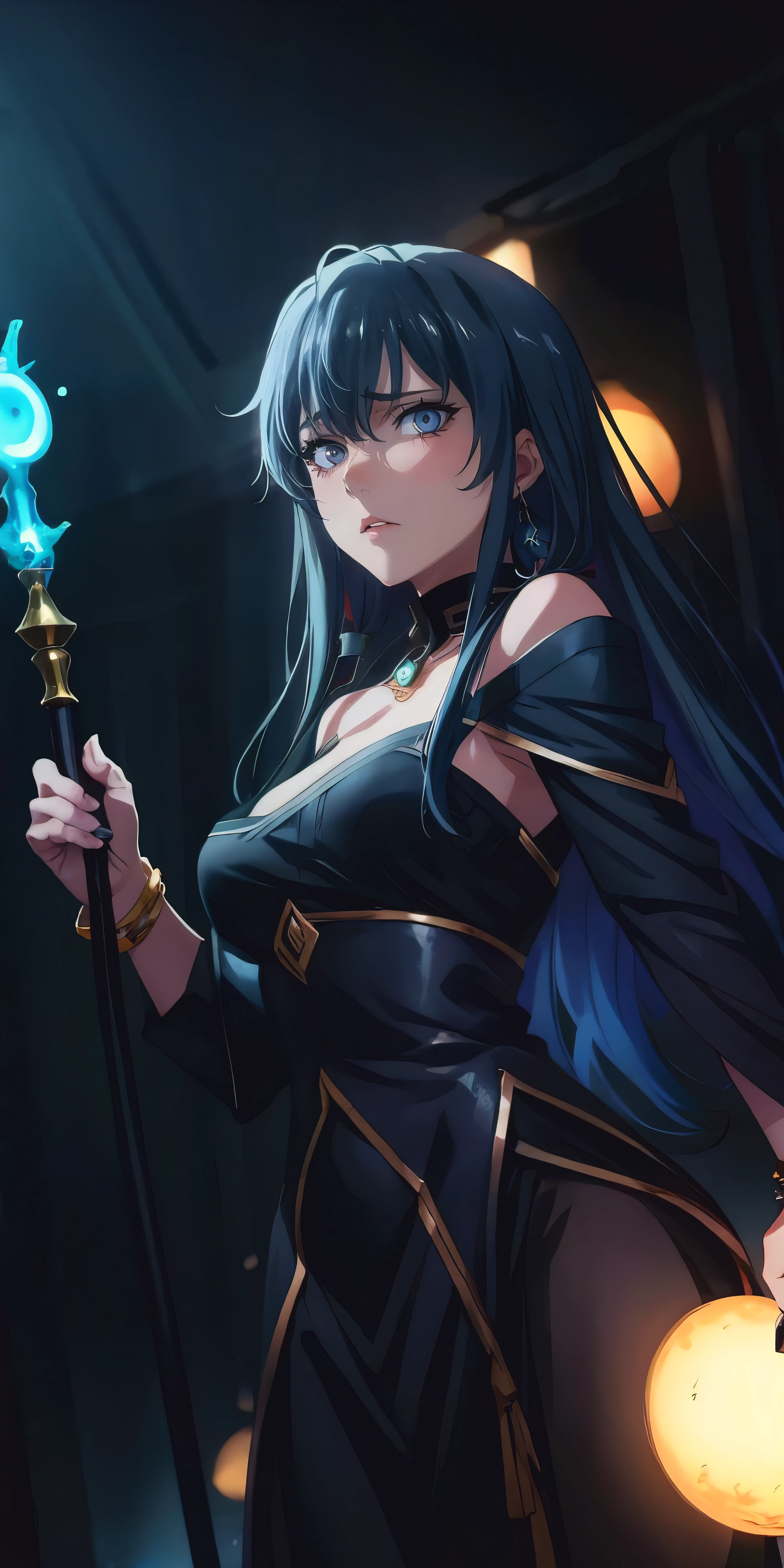 black hair, long hair, yukinoshita yukino, anatomically correct, best quality, masterpiece, high quality, high details, highres, HD, (shaded face:1.2), huge breasts, sagging breasts, staff, lips, bracelet, jewelry,  breasts, looking_at_viewer, standing, nose, black_dress, hair_over_shoulder, grey eyes, hollow eyes, lips, sad expression, gloomy expression, glowing eyes,