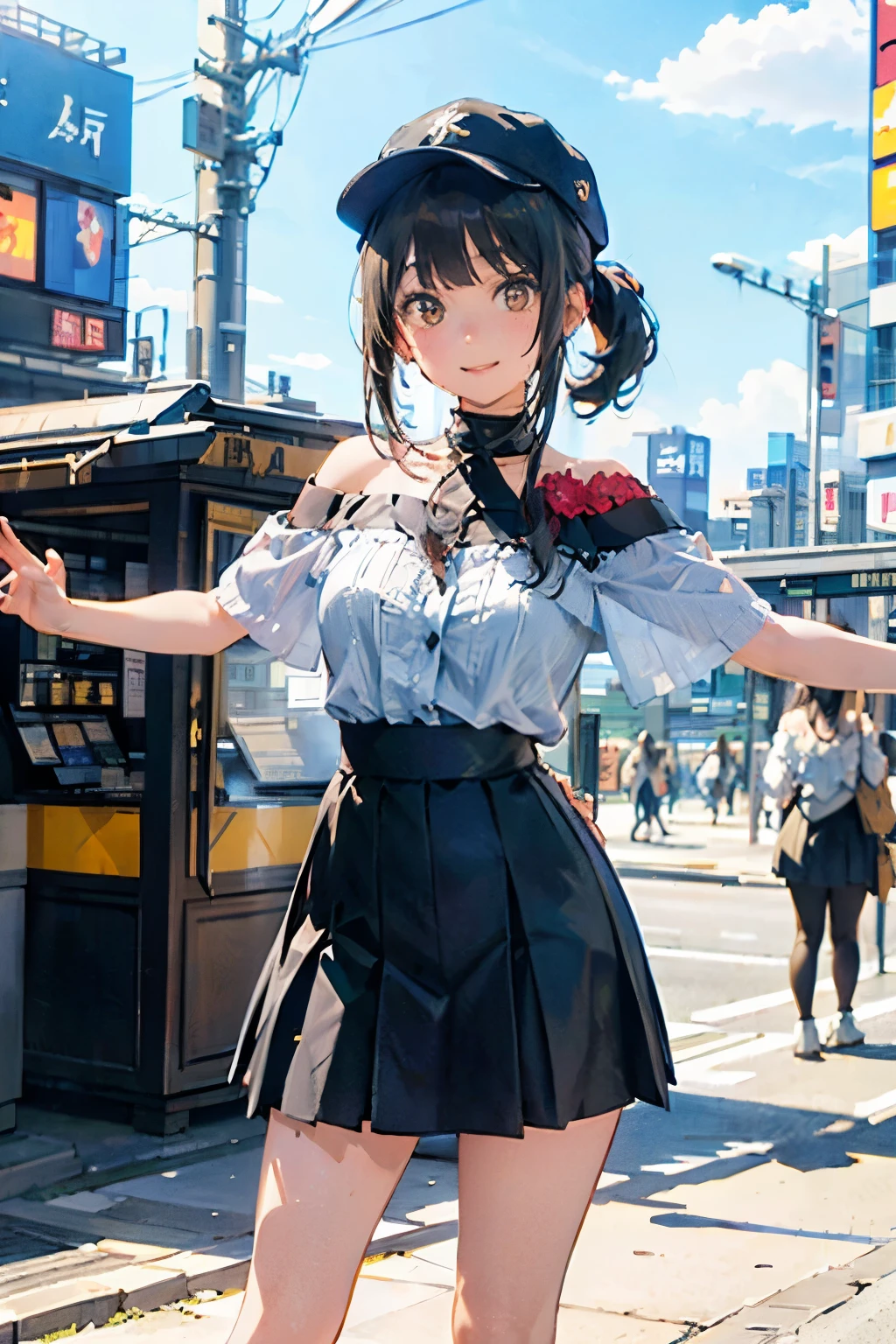 (top-quality、in 8K、32K、​masterpiece、nffsw、ighly detailed:1.2)、cowboy  shot, (blue open sky、Shinjuku、In front of the station:1.4)、beautiful shadow、beauitful face、blurry backround、16-year-old beautiful girl、shinny skin, Beautiful black hair、Blunt bangs、 Katyusha、side poneyTail、Brown eyes、off shoulder blouse、pleatedskirt、long bootiscievous smile、Raising arms、jamping、hip-hop cap、