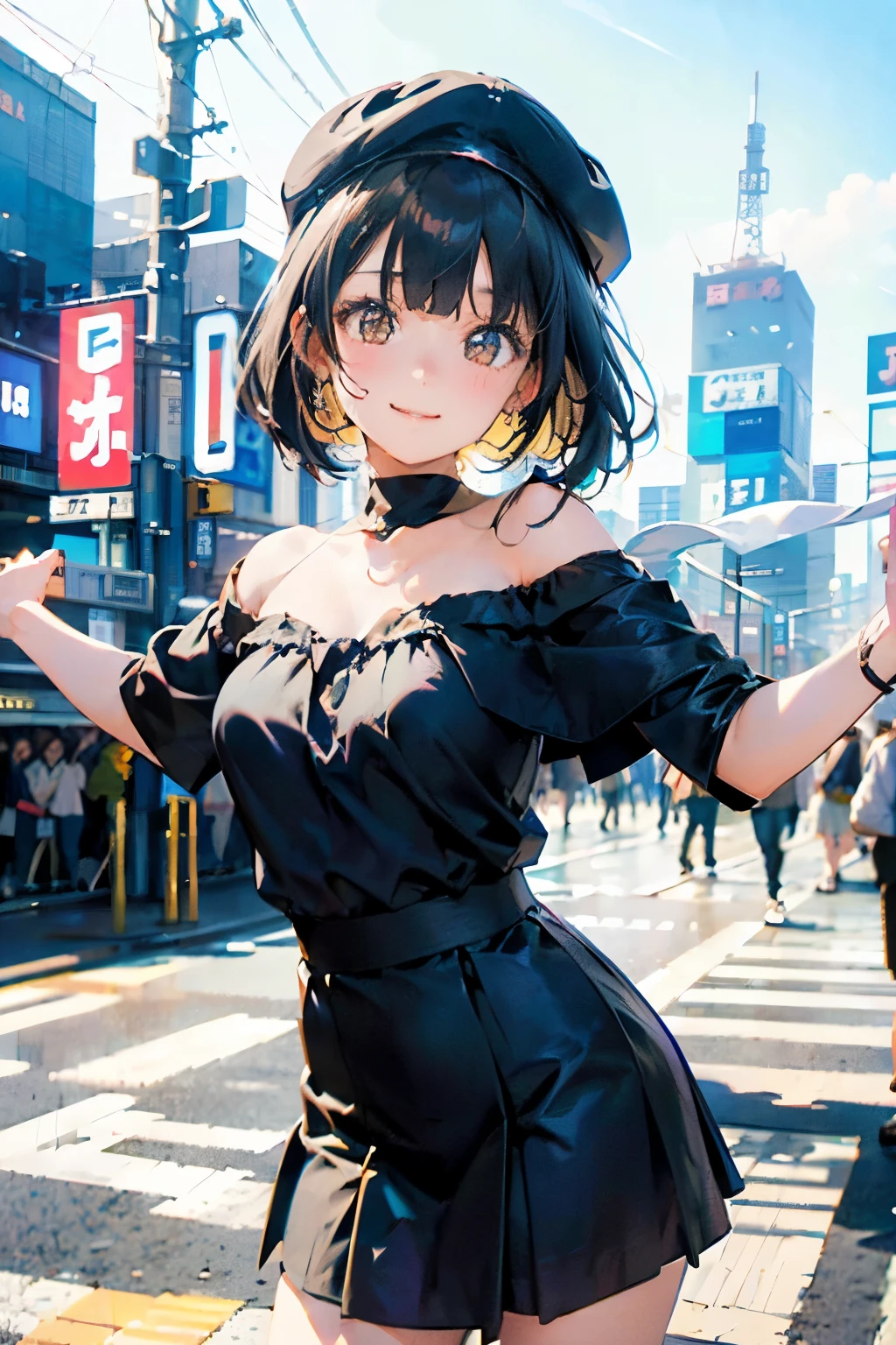 (top-quality、in 8K、32K、masterpiece、nffsw、ighly detailed:1.2)、cowboy shot, (blue open sky、Shinjuku、In front of the station:1.4)、beautiful shadow、beauitful face、blurry backround、16-year-old beautiful girl、shinny skin, Beautiful black hair、Blunt bangs、 Katyusha、side poneyTail、Brown eyes、off shoulder blouse、pleatedskirt、long bootiscievous smile、Raising arms、jamping、hip-hop cap、