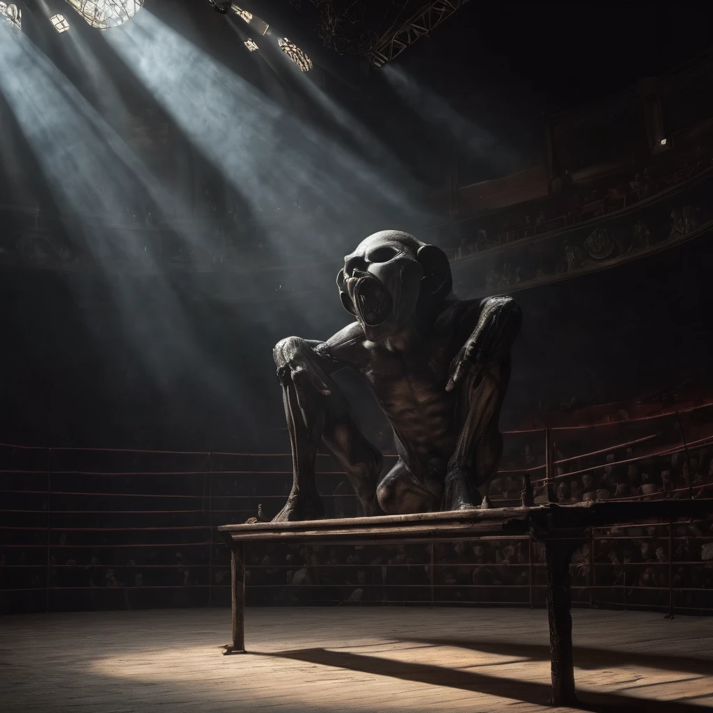 High Resolution, High Quality, Masterpiece. Empty circus viewed from the last row, single spotlight beam, side and top illumination, dusty smoky atmosphere, spotlighting a solitary clowness in the center of the ring, embodiment of solitude and melancholy, 32k resolution, dramatic studio lighting, combining photorealistic concept art with acrylic detail, ultra HD, vivacious colors, chiaroscuro techniques invoking the styles of Raphael, Caravaggio, Rutkowski, Beeple, Beksinski, and Giger, intricate complexity