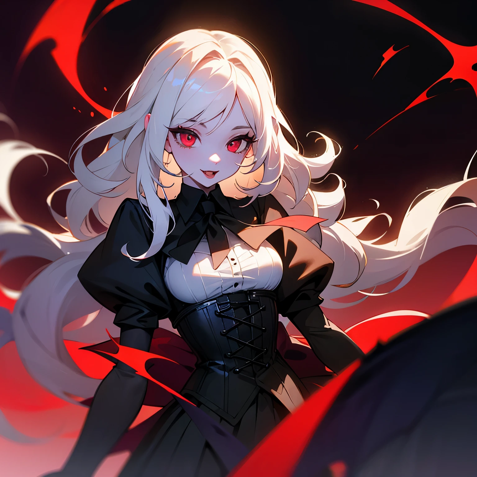 White long wavy female girl hair, Has red glowy eyes. And she's a vamp so has pale white skin and she has bat floating wings with a black shirt corset and black layer royal skirt