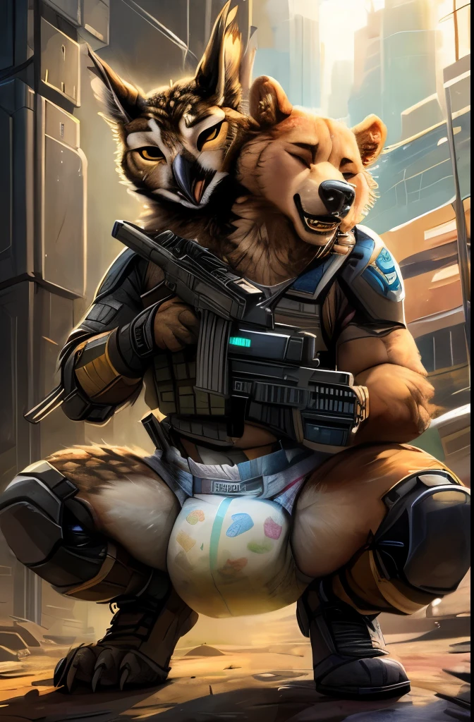 Kenket, Ross Tran, Ruan Jia, an Anthropomorphic bear, two heads, diaper, cyberpunk, body armor, rifle, squatting, eyes closed, strained expression, 