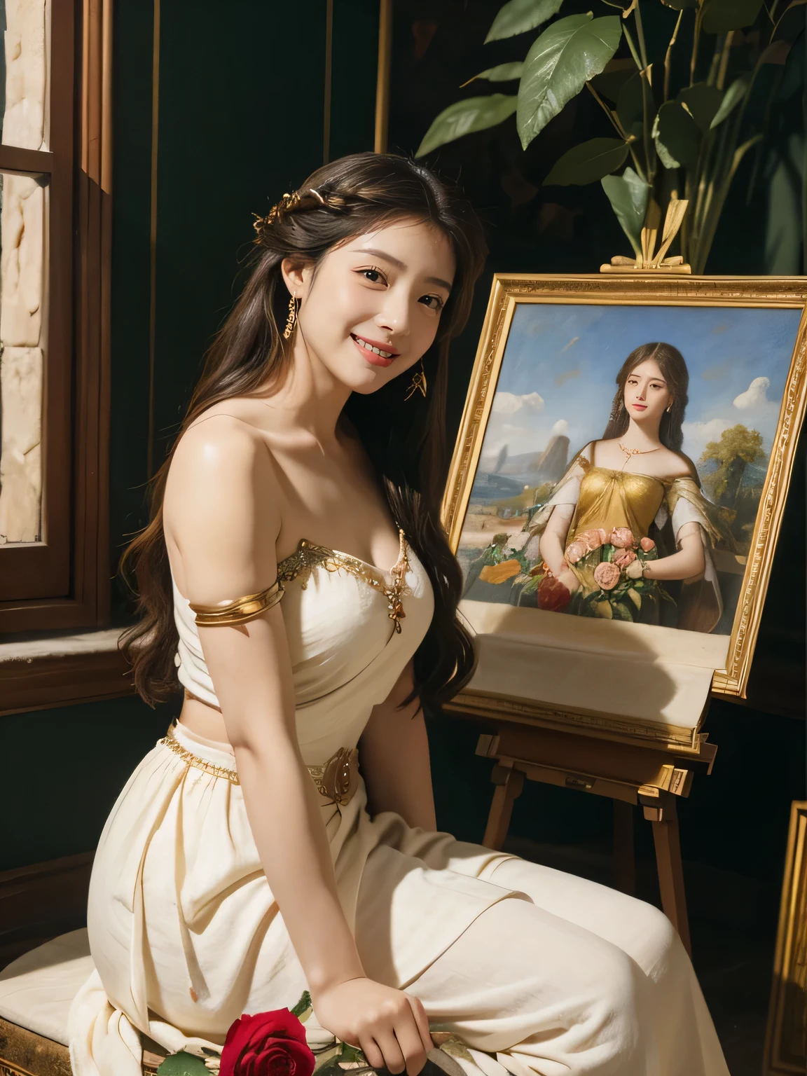 Giorgione painting style,Arguments of two female P、roses in vase、fruits、Cute trinkets、smile、ancient greek costume、Clothes that stretch your shoulders、A big smile、beautiful bare skin,Female painter painting oil in her studio