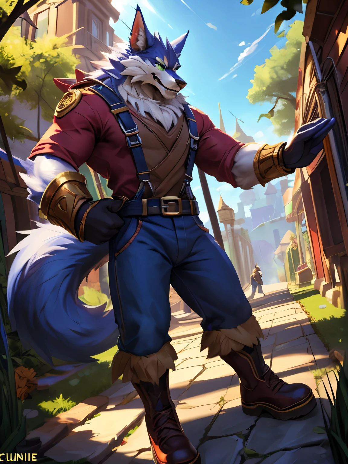 4k, ,8K, A high resolution, best quality, perfect colors, perfect shadows, perfect lighting, posted on e621, (by Chunie), male, furry, Wolf anthro, warwick \(lol\), solo, (Wolf Tail), fur, green eyes, (Realistic eye details 1.2), (masterpiece), (bestquality) supermario, blue overalls, red shirt, red cap, white gloves on both hands, mushroom kingdom in the background, giant mushrooms in the background, dramatic lighting, soft lighting, day, highly detail, Hair coiled, in a panoramic view, Slim body, full body like, fit body, perfect male figure, Detailed fur, Detailed face, (Complex), (Super Detail), (Ultra Clear), (Best Quality)