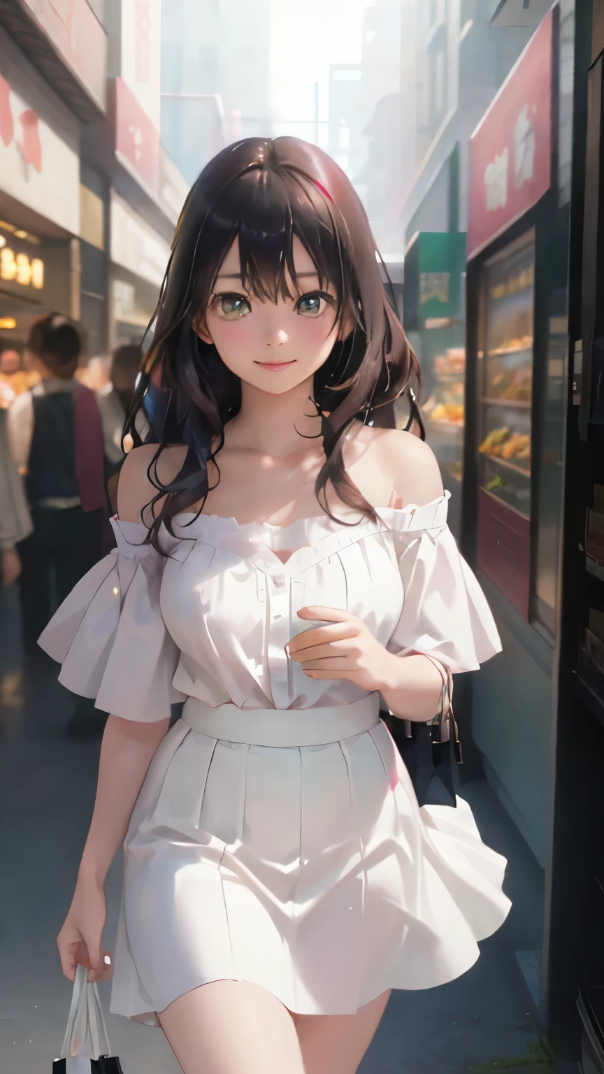 (masterpiece:1.2, top-quality), (realistic, photorealistic:1.4), beautiful illustration, (natural side lighting, movie lighting), nsfw,
looking at viewer, 1 girl, japanese, high school girl, perfect face, cute and symmetrical face, shiny skin,
(long hair:1.5, straight hair:1.4, wine brown hair), swept bangs, emerald greeneyes, long eye lasher, (medium breasts), slender,
beautiful hair, beautiful face, beautiful detailed eyes, beautiful clavicle, beautiful body, beautiful chest, beautiful thigh, beautiful legs, beautiful fingers,
((pink off-the-shoulder blouse, white skirt)),
(beautiful scenery), evening, (shopping mall), walking, (lovely smile, upper eyes),