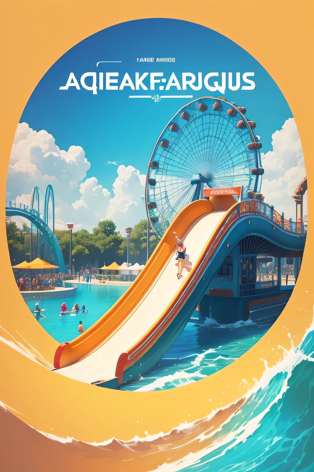 Water theme park logo design. The text is "Jacques Amusement Park", Chuanghui vector illustration, this word &Quote;his&Quote; Should be bold and large, The logo should be attractive to children, Add elements such as giants, Huge slide on the water，High accuracy