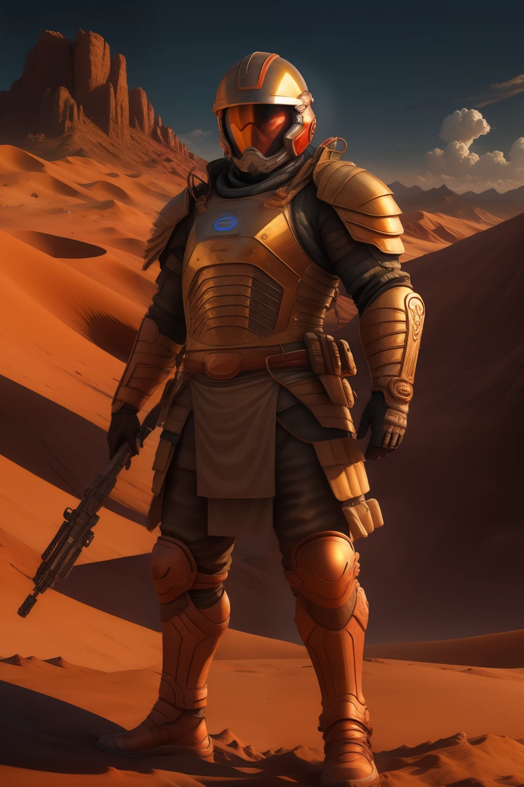 A lone figure stands,sprawling dune of crimson,Martian sand under,sky dotted,Stanislaw Szukalski, Moebius, peter elson, Alex prager, --ar 4:5 --style raw, ray tracing, anaglyph, pov, anatomically correct, award winning