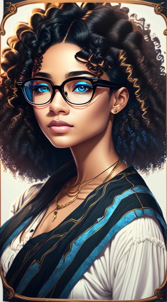 Blue banner, face black woman, curly hair, Brazilian, with glasses frame in black acetate 