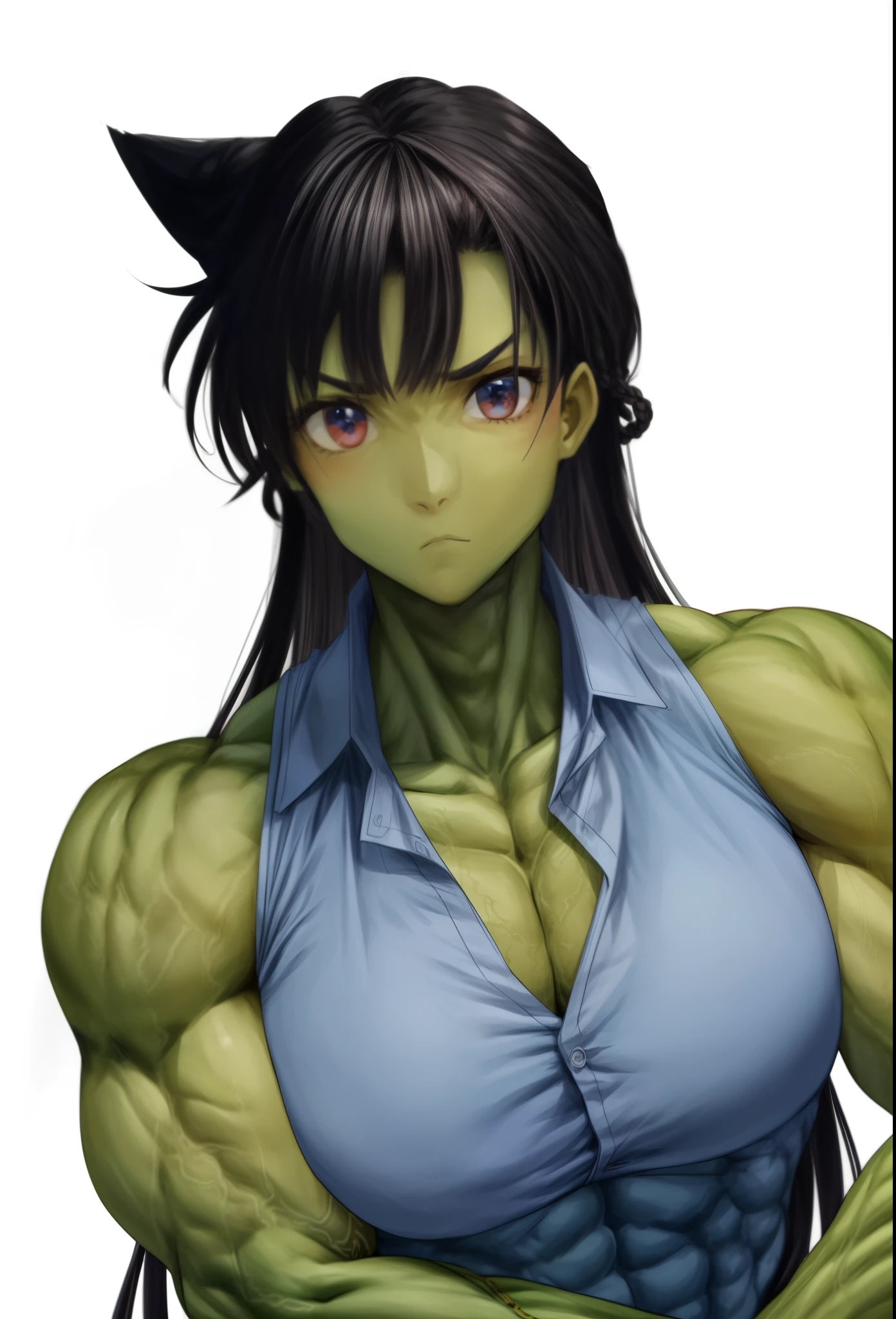  1 girl, black hair ,green skin,muscular female, alternate muscle size,,mouri ran  (meitantei conan) , biceps,muscular shoulder,upper body,thick arm,