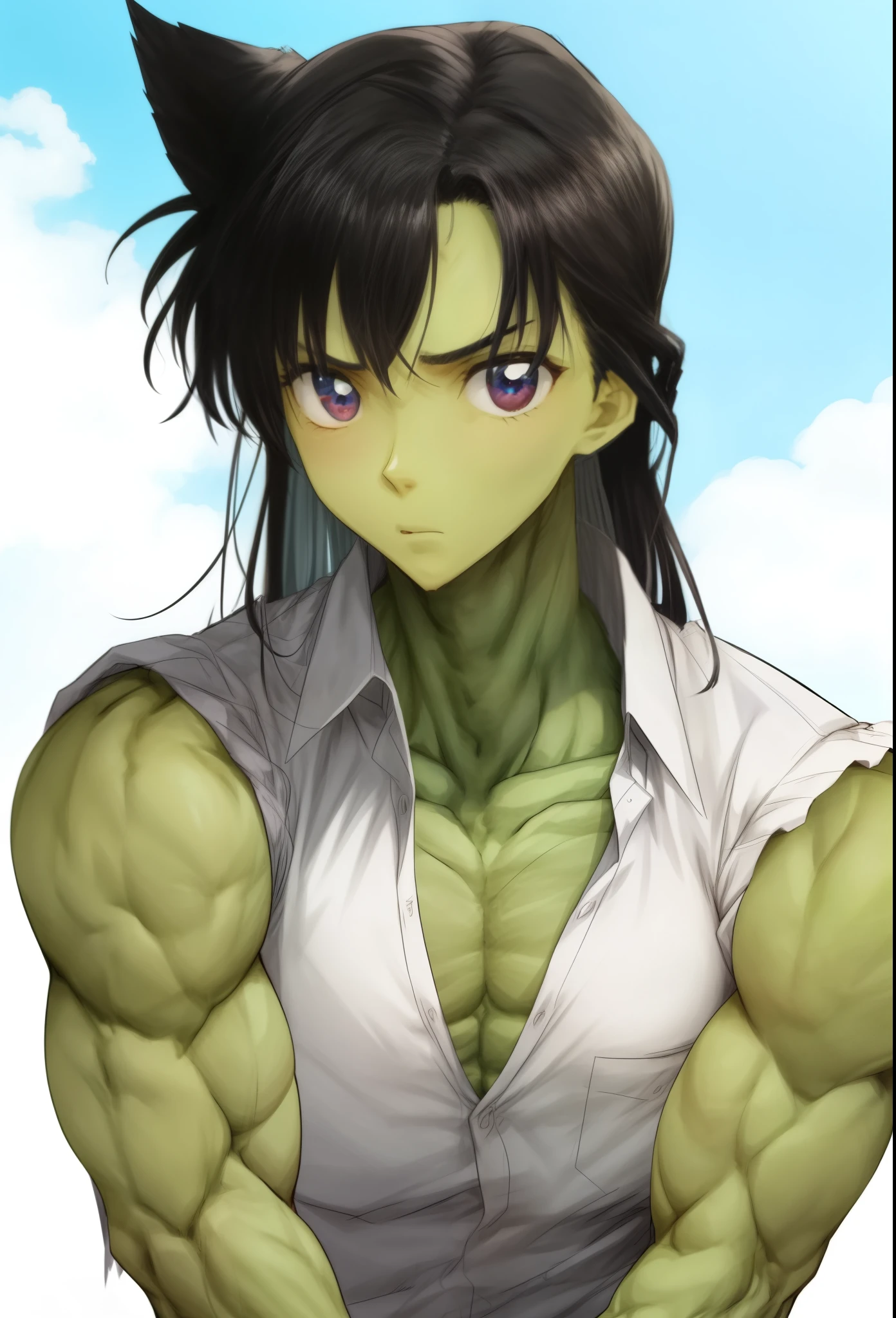  1 girl, black hair ,green skin,muscular female, alternate muscle size,,mouri ran  (meitantei conan) , biceps,muscular shoulder,upper body,thick arm,