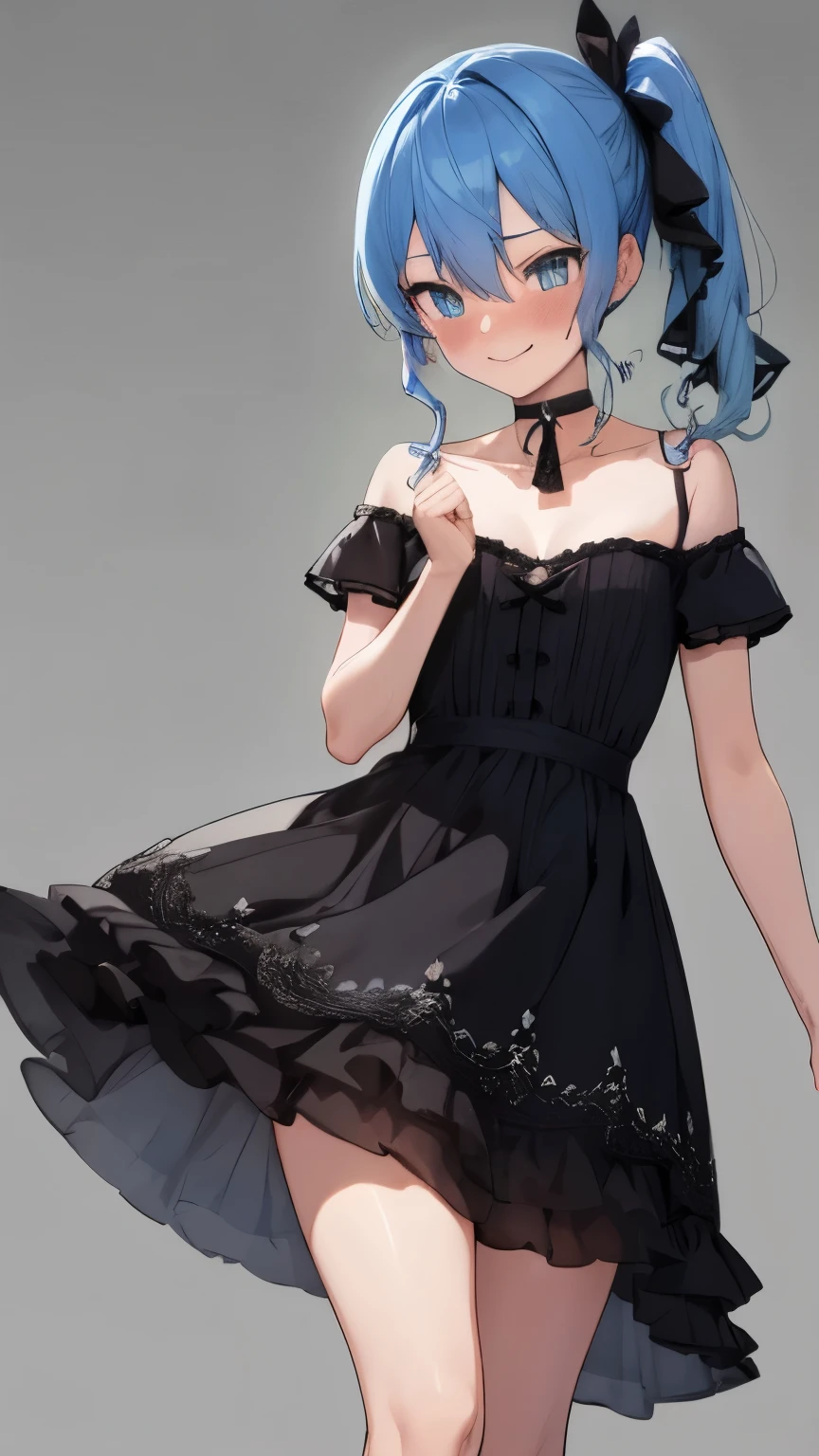 Hoshimachi Suisei,blue eyes,blue hair,choker,hair between eyes,medium hair,side ponytail,スターchoker,small breastasterpiece:1.2), highest quality, High resolution,(detailed and beautiful eyes:1.6),(perfect hands, perfect anatomy),(((masterpiece))),((highest quality)),embarrassed face,blush,shy smile,whole body,off shoulder,micro mini skirt,lingerie shop